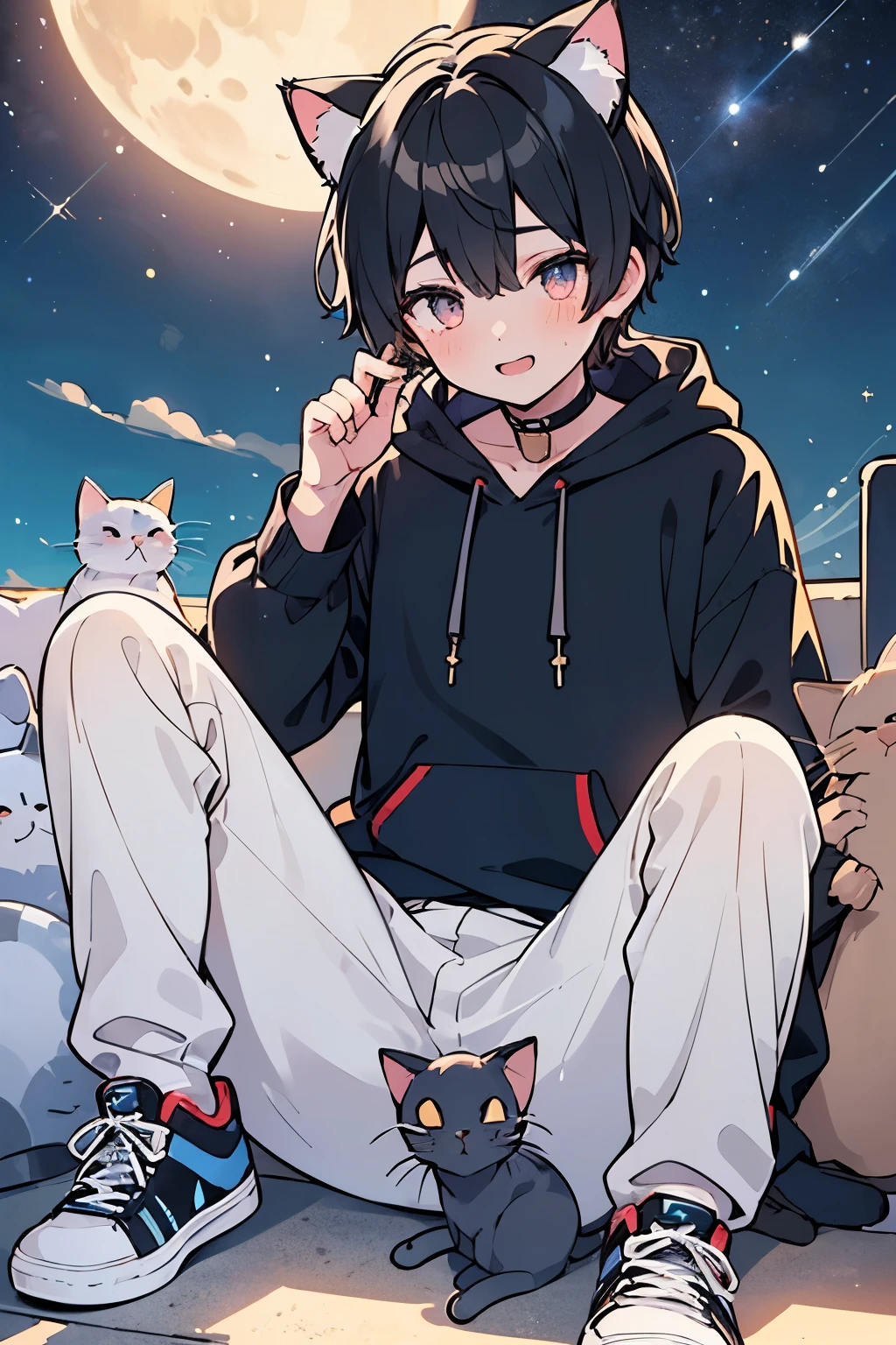 ((1-boy :1.5)),((.Adult men with sex appeal:1.0)),black hair,(very short hair:1.0),braid hair,(odd-eyes:0.85),((Kirakira eyes :1.0)),happy, pleasant face,cat ear hooded hoodie,(looking viewer:0.8) thick soled sneakers ,((kawaii)),(crouching:0.5),(Covered in cats:1.5),((night star background:1.0)),