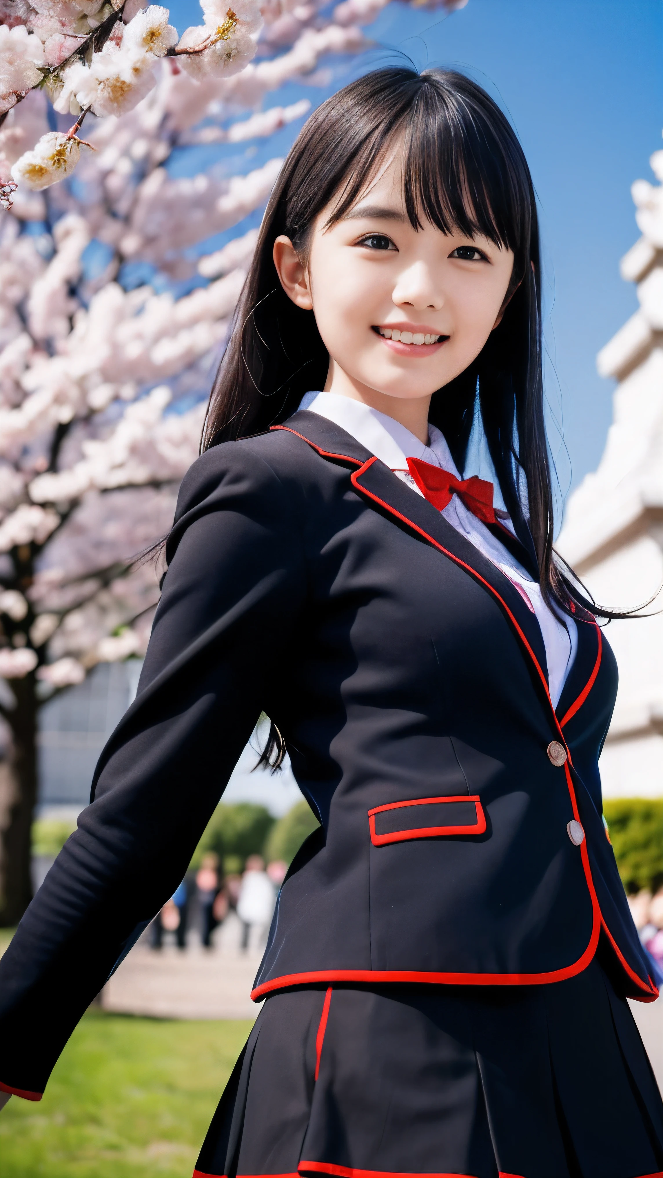 (Low angle shot of one slender small breasts dark silver long hair with swept bangs girl in a black blazer uniform with a red trimmed collar and black skirt:1.5)、(A girl is dancing in the park with happy smile:1.5)、(Beautiful blue sky and cherry blossoms in full bloom in Japan:1.5)、(Uniform with a black blazer and a black skirt with a red edging collar:1.5)、(blurred background:1.5)、(Natural light:1.5)、(8k ultra detailed master piece:1.5)、(perfect anatomy:1.5)、(Photorealistic stick:1.5)、(Raw photo:1.3)、(highest quality:1.5)、(High resolution:1.3)、(Delicate and beautiful perfect face:1.3)、(Delicate and beautiful eye air skin:1.3)、(Real Human Skin:1.3)、((thin legs))