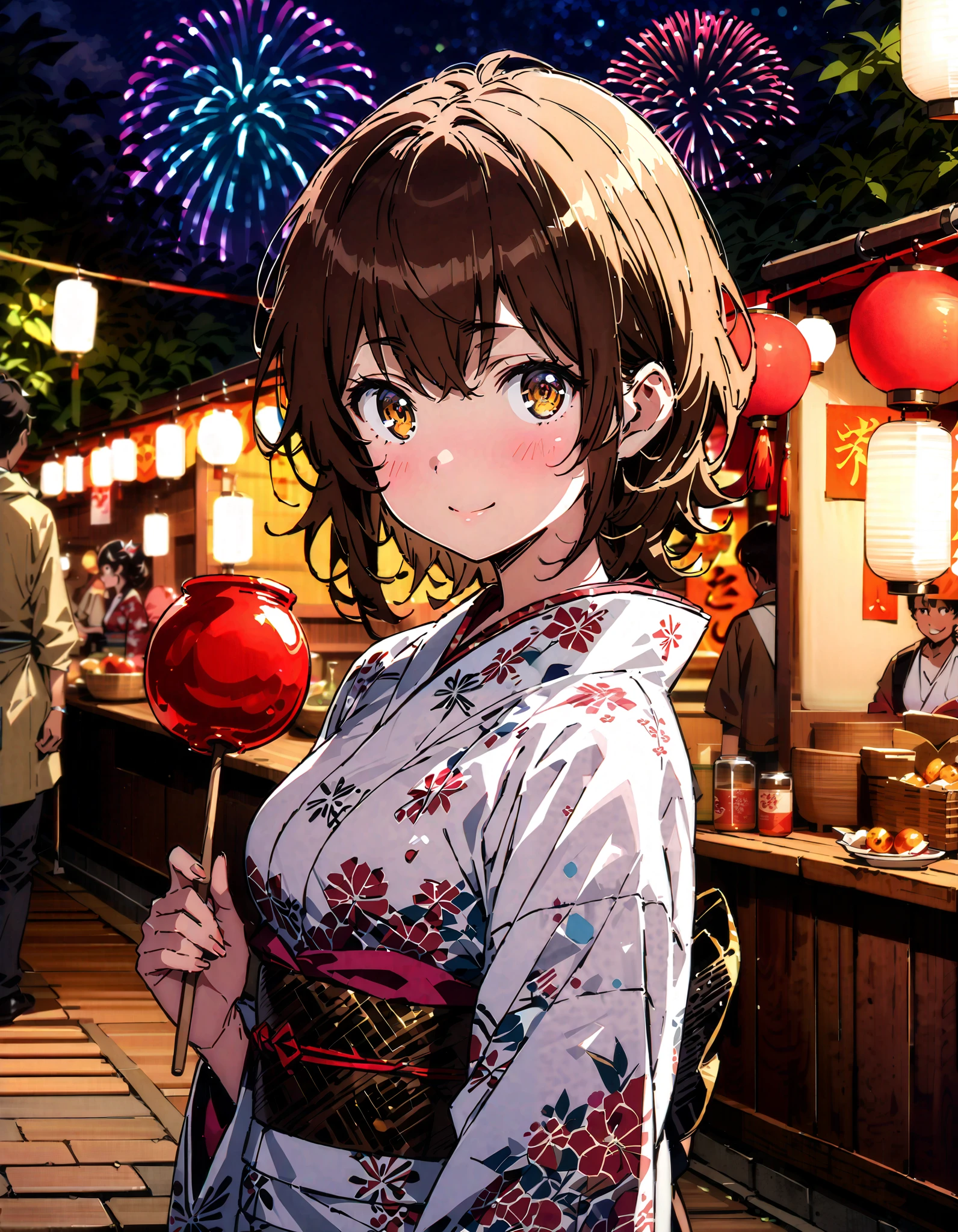 Liliru Card, Lilyrka is burning , brown eyes, tea hair, short hair while on a business trip, smile,blush, mouths, small boobs,日本のfestival,夏festivalの屋台, red lanterns,Fireworks in the night sky, fireworks,The location is the fireworks festival.,The time is night, holding a stick with a candy apple on it with one hand,The white flower pattern kimono , white long skirt,whole bodyがイラストに入るように,
break looking at viewer,whole body,
break indoors,festival,
break (masterpiece:1.2), best quality , kampala,unity 8k wallpaper,(shape:0.8),( fine, beautiful eyes :1.6),It's a person ,whole body写真,CG Details , (perfect hand, complete anatomy),