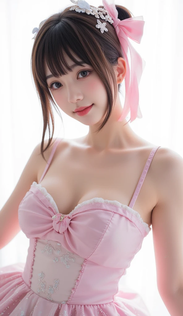 (best quality:1.5), (masterpiece:1.5), very detailed, high resolution, 8k, ((Portrait)), ((1 girl)), cute Japanese woman, cute 24 year old beauty, slim body, (slightly saggy busty breasts), thin lips, detailed face, Beautiful and elegant face, cute face, natural bangs, arched eyebrows, well-groomed eyebrows, (big eyes with a good balance between the left and right sides), cute eyes, beautiful eyes, beautiful thin nose, (beautiful skin), medium Hair, Brunette hair, black hair, (natural bangs), (Round and cute face:1.2), (Slightly plump cheeks), slim figure, (looking at the camera with a Gentle smile), beautiful legs, smooth skin skin, slim and beautiful thighs, cute and sexy slim 24 year old woman, fair skin , Beautiful breasts, (Slender and slim body:1.5), (Slim waist:1.8), (slim hips:1.8), ((slim Butt:1.8)), I-type Valley, cleavage, (sexy micro bikini with White lace:1.5), (Natural Light:0.8), (lighting forward:0.8), (lighting front:0.8), (Flat lighting:0.8), Relaxed smile, Detailed fingers, beautiful hands, (Round face:1.4), underboob,