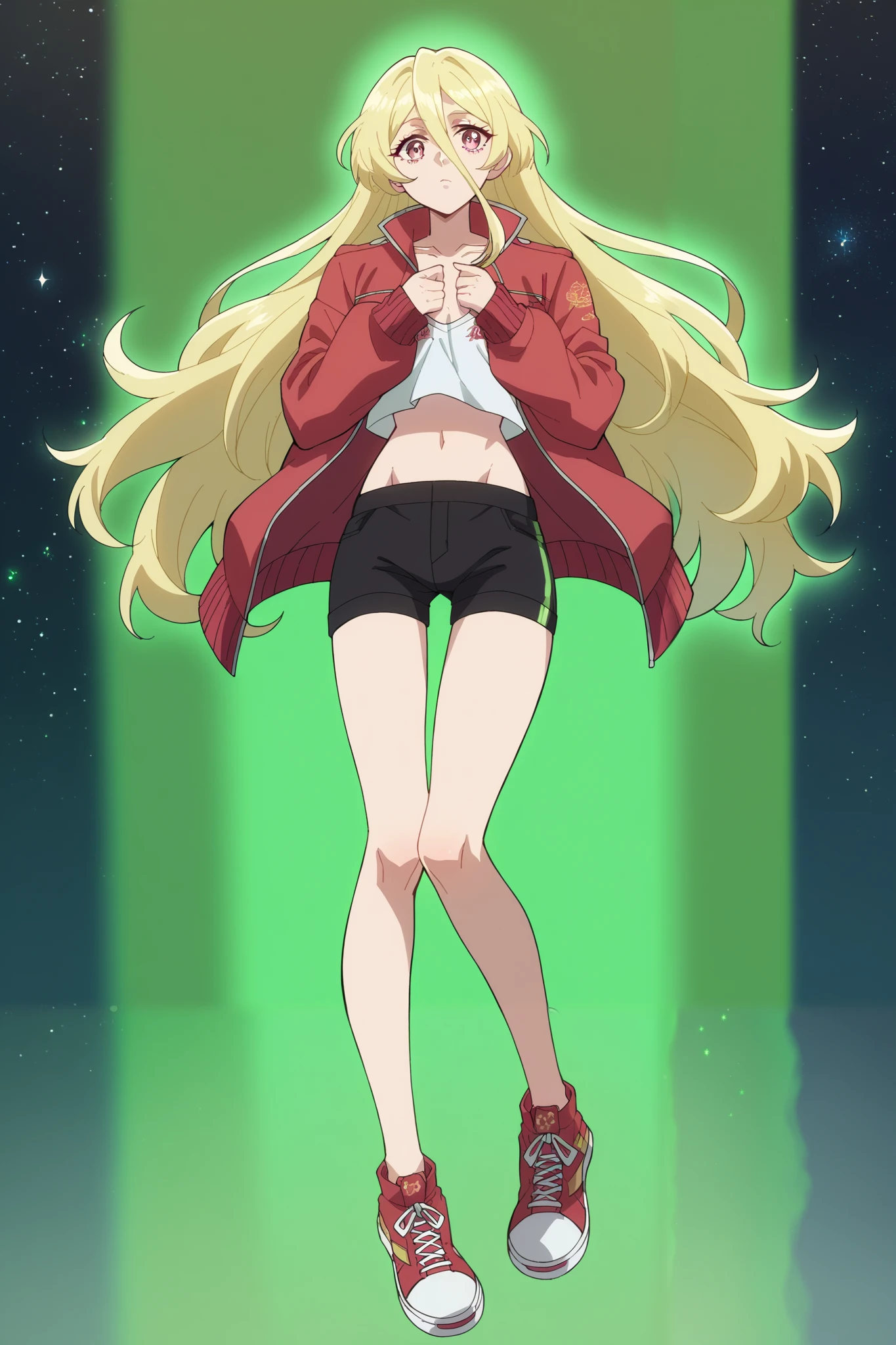 score_9, score_8_up, score_7_up, score_6_up, score_5_up, blonde facing the viewer , 1 girl, long-haired blonde, fragile, slim, light golden long hair , bangs on the forehead, hair between eyes , raspberry eyes , dark pink eyes , Warm jacket, warm shorts , warm tights , crimson sneakers , pressed her hands to her chest , light in the hands , full length style, lightning light green electrical discharges, green aura, green glow , in the background a huge sea wave , stars , planets, of the , Lots of Details