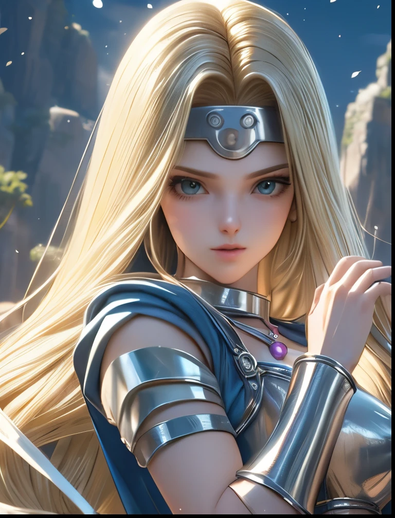 （（（ＳＦＷ、Accuracy、Highest quality、 A first-class masterpiece 、 Normal body 、8k、   detailed face 、 super precision 、   Normal Hands 、5 fingers、Highest）））、"  DRAGON QUEST"、Mireille、Mireyu、 Blonde、 Straight Long Hair、Big Breasts、 slender、 Platinum Armor、 CIRCLET 、 sexy pose