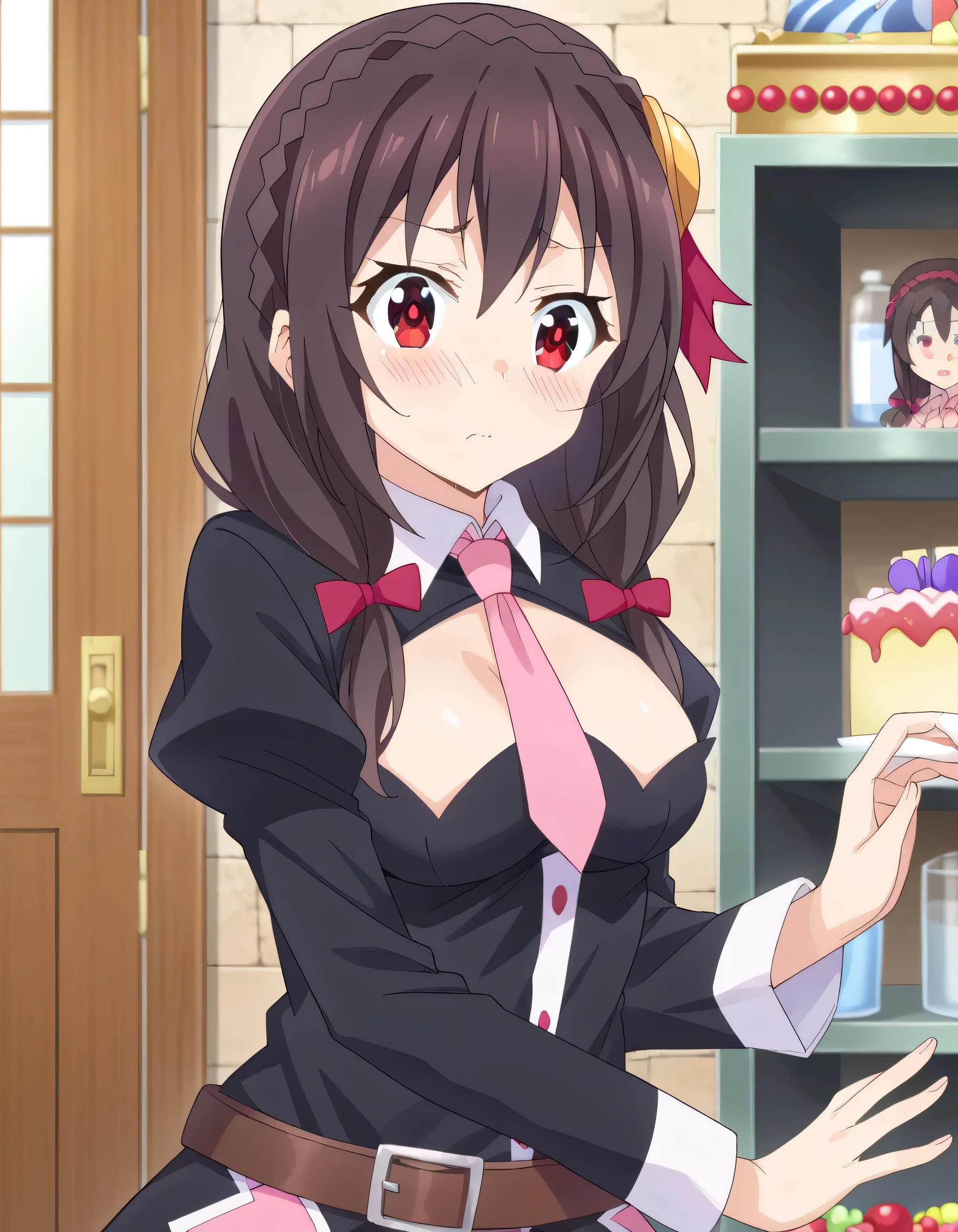 HD, High Quality 、
Yunyun、 black hair, Hair Accessory , red eyes, , braided , crown braided ,
skirt , thighs, Long Sleeve, ties, belt, Outfit Cutout, Cleavage Cut Out, pink ties,
(Relentless)、(blush)、(Birthday Party)、indoor、(upper body)、profile、(Puff up your cheeks and be cute Relentless:.1.2)