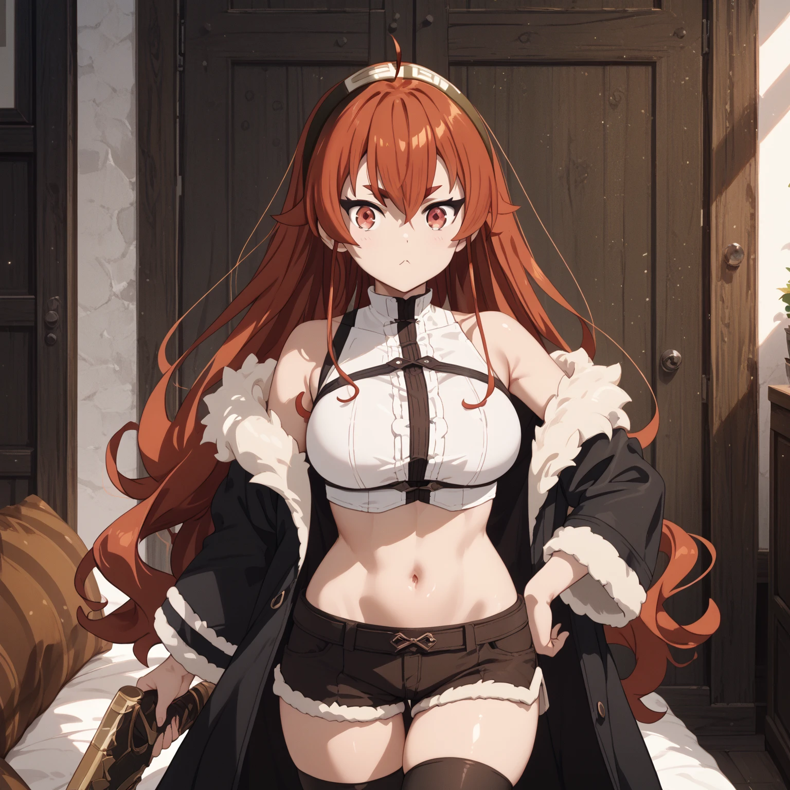 AdultEris,, black hairband, red hair, red eyes, ahoge, sidelocks,hair between eyes, crossed bangs, thick eyebrows, stomach, navel, short shorts, sleeveless shirt, fur trim, thighhighs, white shirt, midriff, fur-trimmed jacket, black shoulder, bare shoulders, brown shorts, black shorts, long sleeves, crop top, underbust, thigh gap, glossy skin, looking at viewer