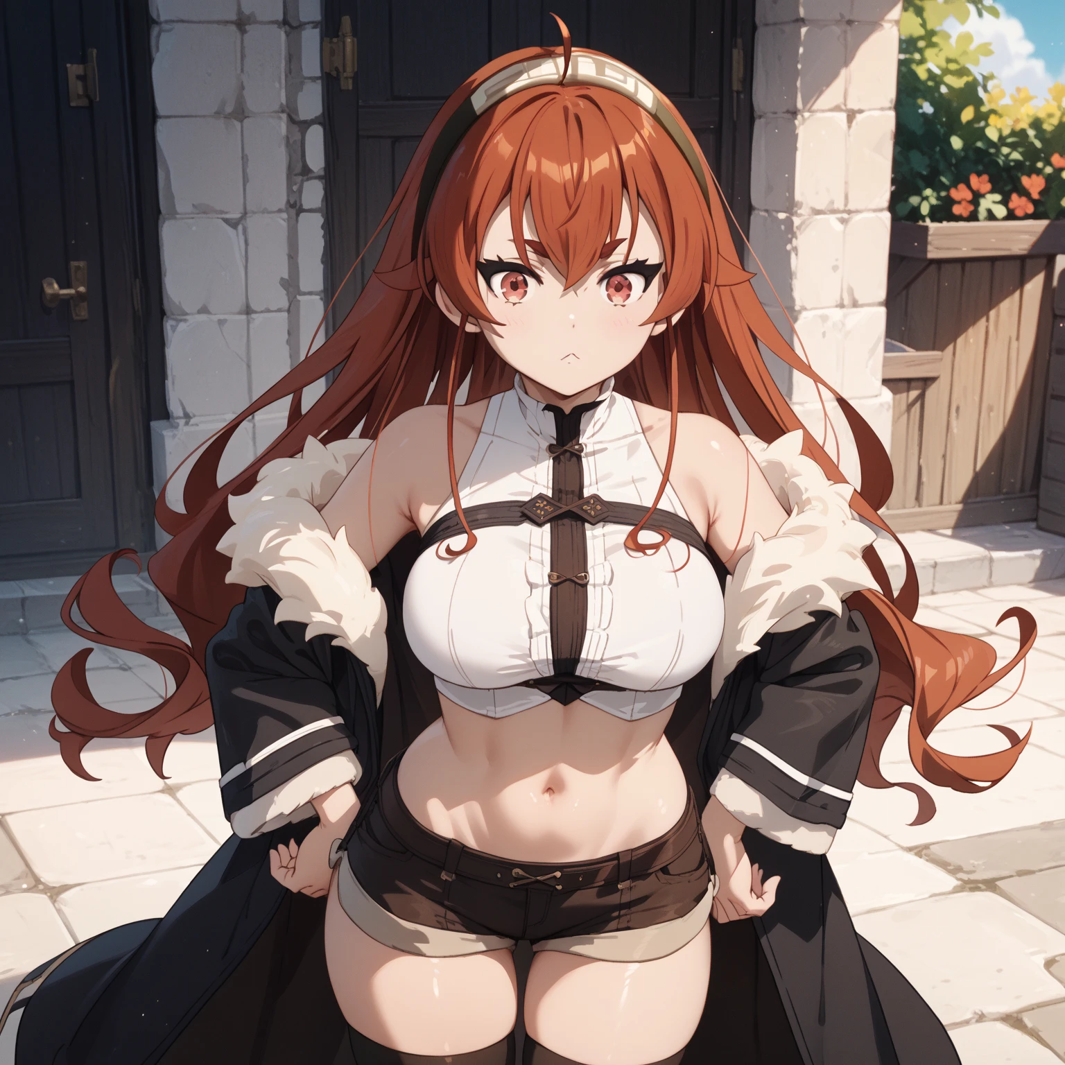Cecily Campbell, 1girl, solo, red hair, red eyes, short hair, headdress, small breasts, serious, bodysuit, skirt, collar, single shoulder pad, elbow gloves, black thighhighs, boots, greaves, outdoors, masterpiece , sitting, intricate eyes,beautiful detailed eyes,symmetrical eyes,big eyes:1.5,,(((vibrant colors,vibrant theme))),(intricate),(masterpiece),(best quality),