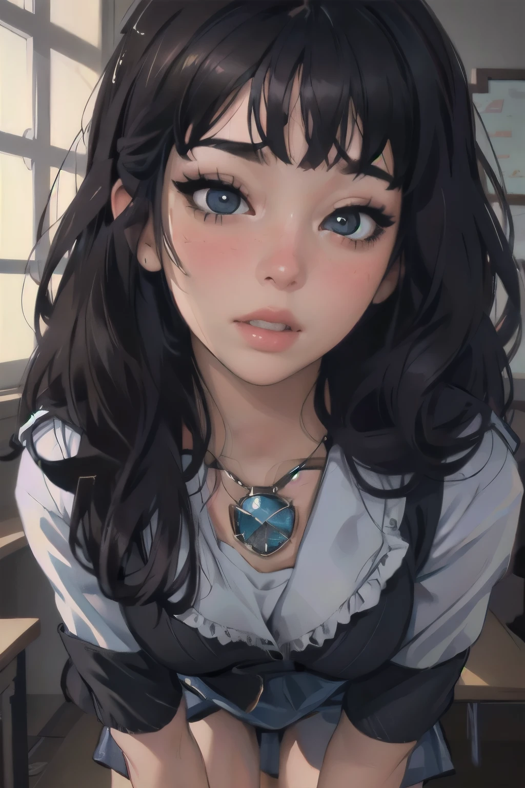 (best quality,4k,8k,highres,masterpiece:1.2),ultra-detailed,(realistic,photorealistic,photo-realistic:1.37),portraits,schoolgirl outfit,blue high cut coat,blue mini skirt,white shirt,perky breasts,beautiful detailed eyes,beautiful detailed lips,shy girl,blushing,thick thighs,bent over desk,classroom lighting,realistic lighting