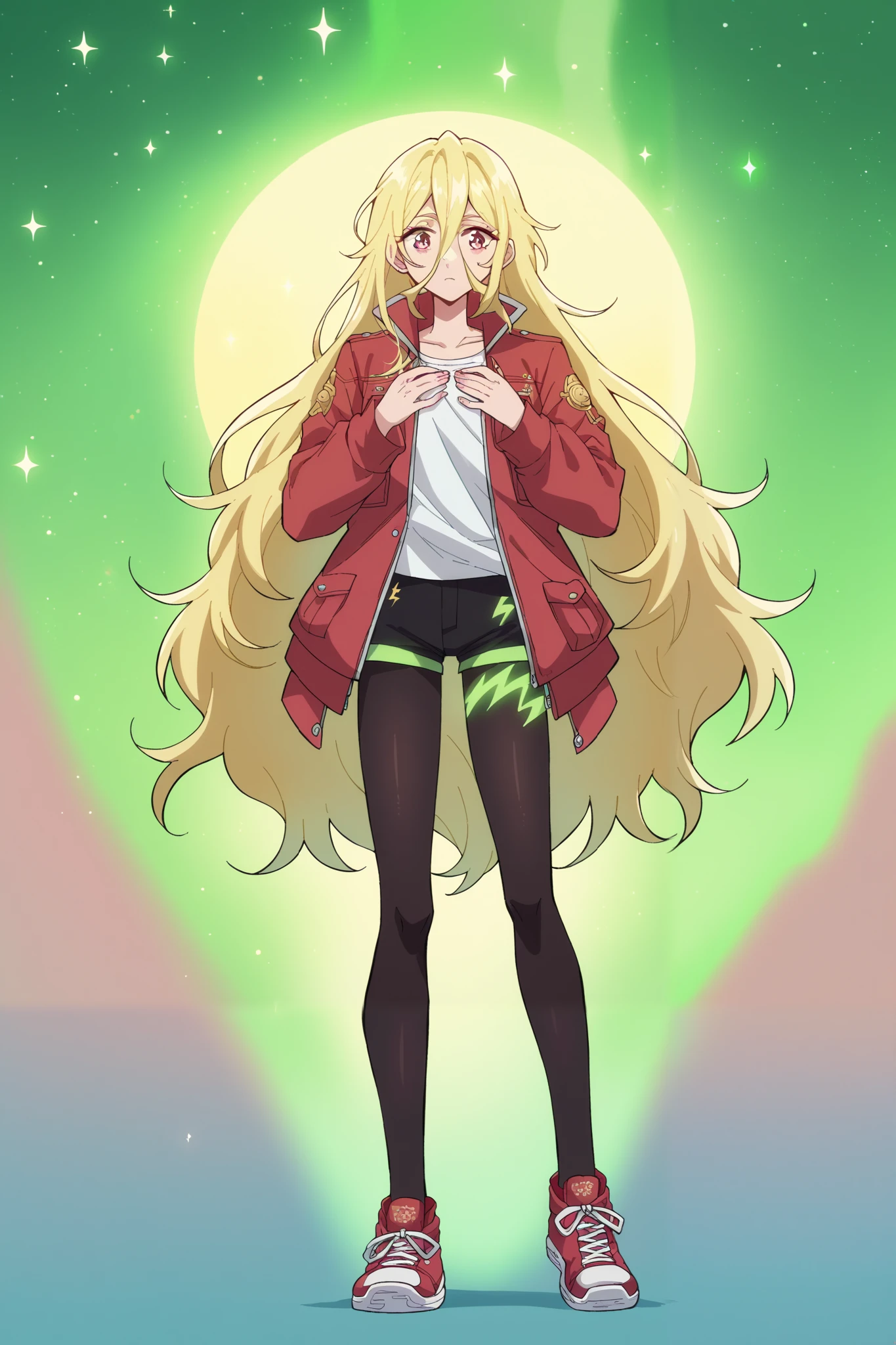 score_9, score_8_up, score_7_up, score_6_up, score_5_up, blonde facing the viewer , 1 girl, long-haired blonde, fragile, slim, light golden long hair , bangs on the forehead, hair between eyes , raspberry eyes , dark pink eyes , Warm jacket, warm shorts , warm tights , crimson sneakers , pressed her hands to her chest , light in the hands , full length style, lightning light green electrical discharges, green aura, green glow , in the background a huge sea wave , stars , planets, of the , Lots of Details
