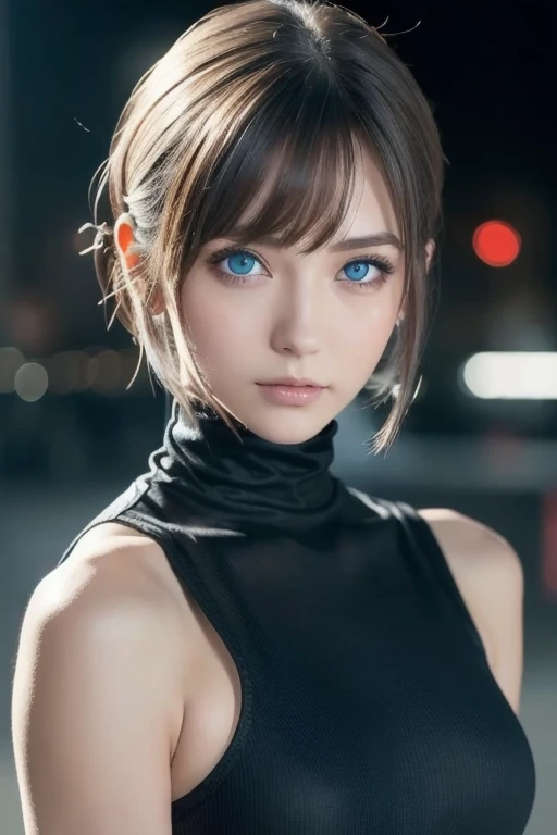 ((Beautiful Face:1.4)),cyber punk edgerunners, One person, Nozomi (cyber punk), Exposing shoulders, blue eyes, chest, leotard, View your viewers, medium chest, Off the shoulderジャケット, Off the shoulder, Red eyeliner, short hair, sleeveless turtleneck leotard, alone, turtleneck leotard, Gray Hair, ((masterpiece)) (Highest quality, masterpiece),((Saggy big breasts))