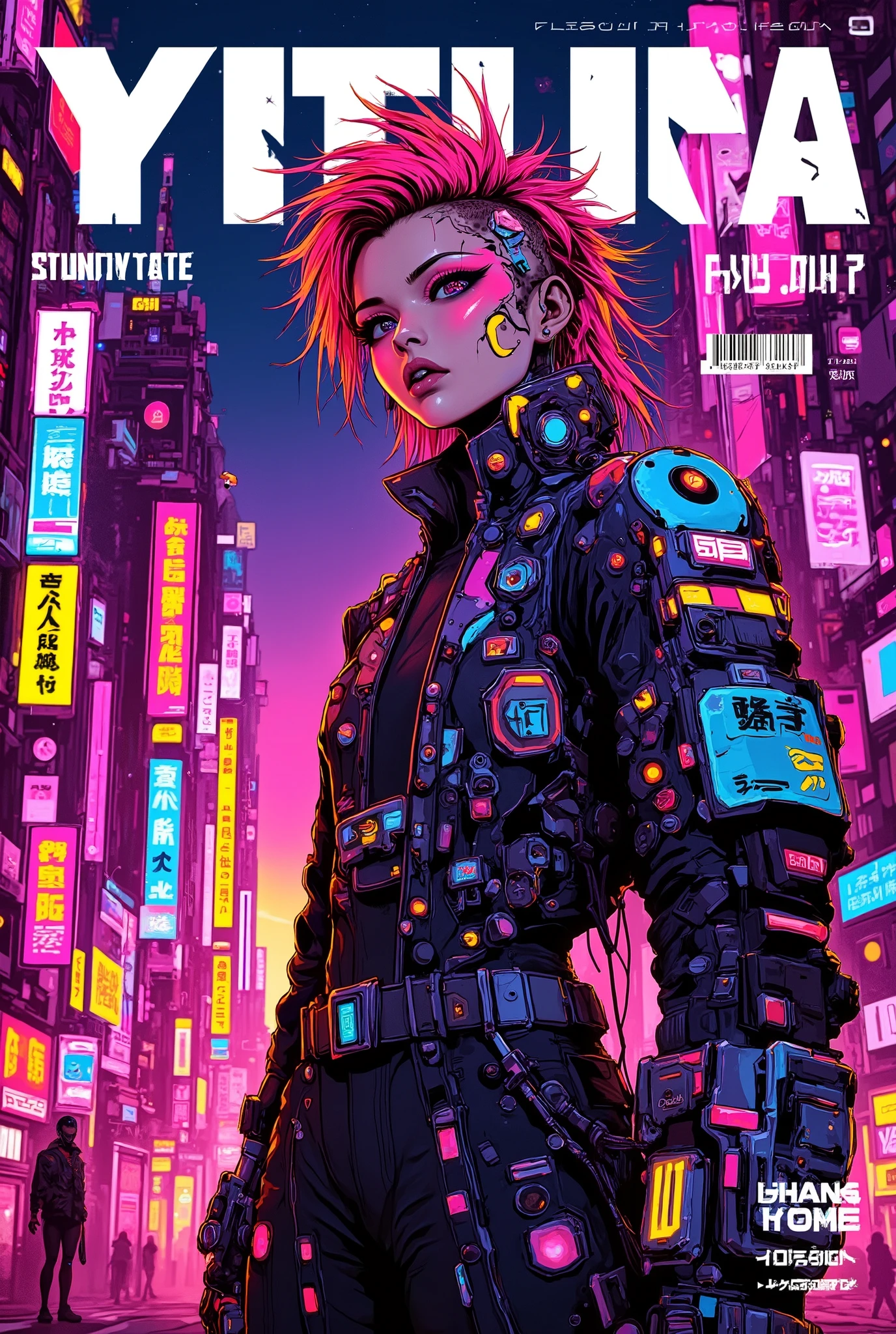 ((manga magazine cover shot) of (perfect Asian cyberpunk girl) in cyberpunk city))), ((graphic design ((Japanese text banner headline)))), ((dynamic pose)), ((LED lights)), (((extremely weird punk hairstyle))), ((manga drawing)), warm colours, ((cinematic lighting)), barcode.