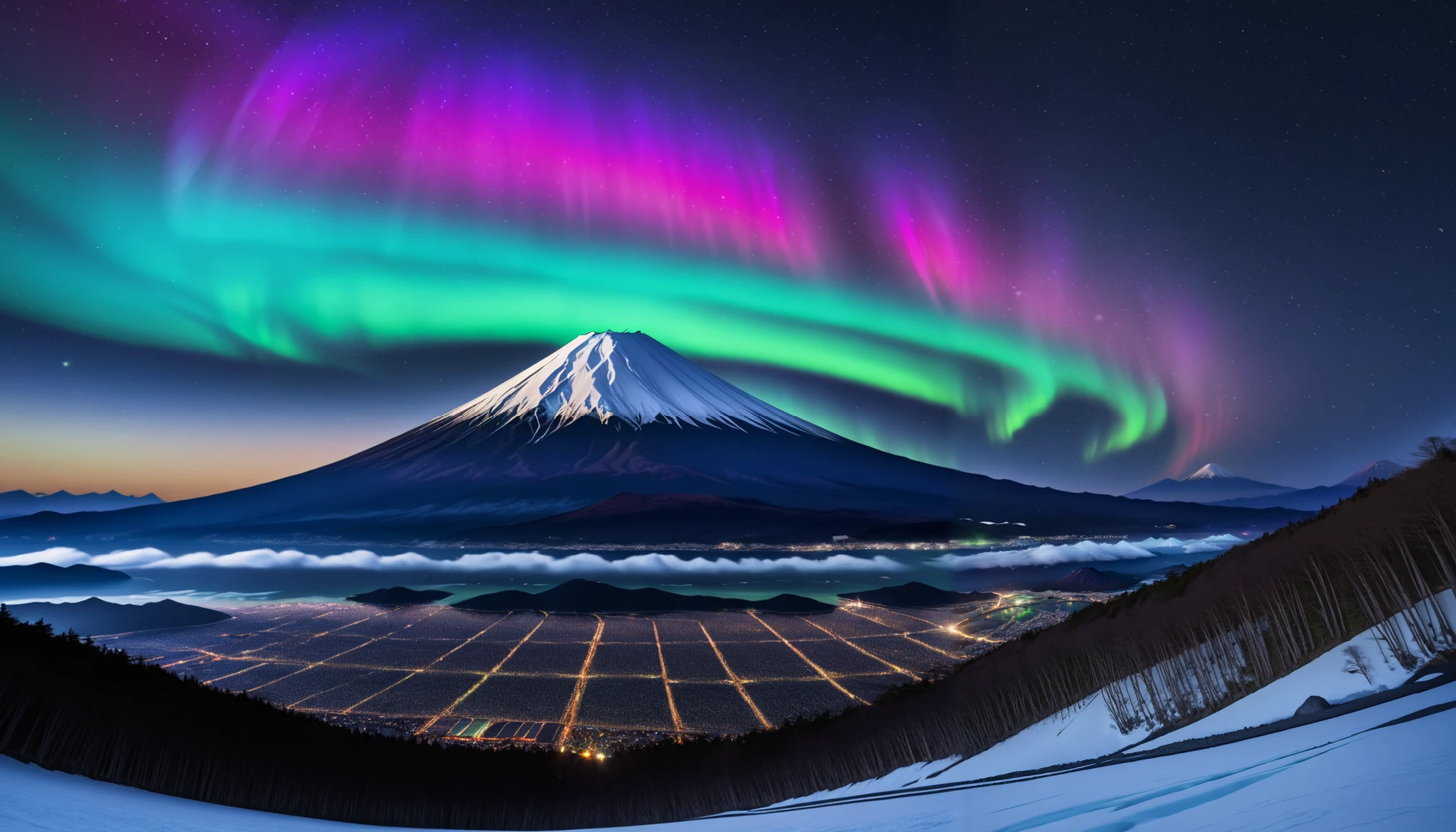  in ultra high quality, high definition , High Quality ,Spectacular views,(とてもThe giant Mt. Fuji up),A huge and realistic aurora dance that dazzles the night sky and covers the entire sky, sky full of stars,(The giant Mt. Fuji up),(Aurora shining brightly green),An unbelievable number of stars々The brilliance,(A majestic, bright Milky Way star on a vast glacier々and the auroras shine are reflected )、(( the huge Mt. Fuji that rises in the center )),((The huge and majestic Mt. Fuji))、The glacier extends to the horizon 、 Jagged ice layers and snow-covered mountain peaks 、 reflects the colorful light above 。 BREAK The stars twinkle in the dark and clear sky 、 The surrounding landscape is wrapped in the surreal glow of the Milky Way 、 creates a mysterious atmosphere 。 BREAK The cool and clear air adds color to the landscape 、 snow shines in the milky way and the gentle light of auroras、 This frozen wilderness is so calm that it seems unearthly。An unbelievable amount of stars々,I can see lots of meteor showers ,