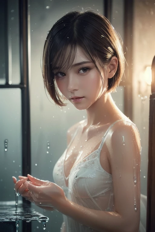 Fubuki from opm, seductive, realistic, age 25, pure white skin, green eyes, dark green bob hair, perfect face, perfect shape body, above large breasts, 3d, in shower, big white soap drops all over body and face, mouth open, white soap drops falling from mouth, villa and swiming pool background,