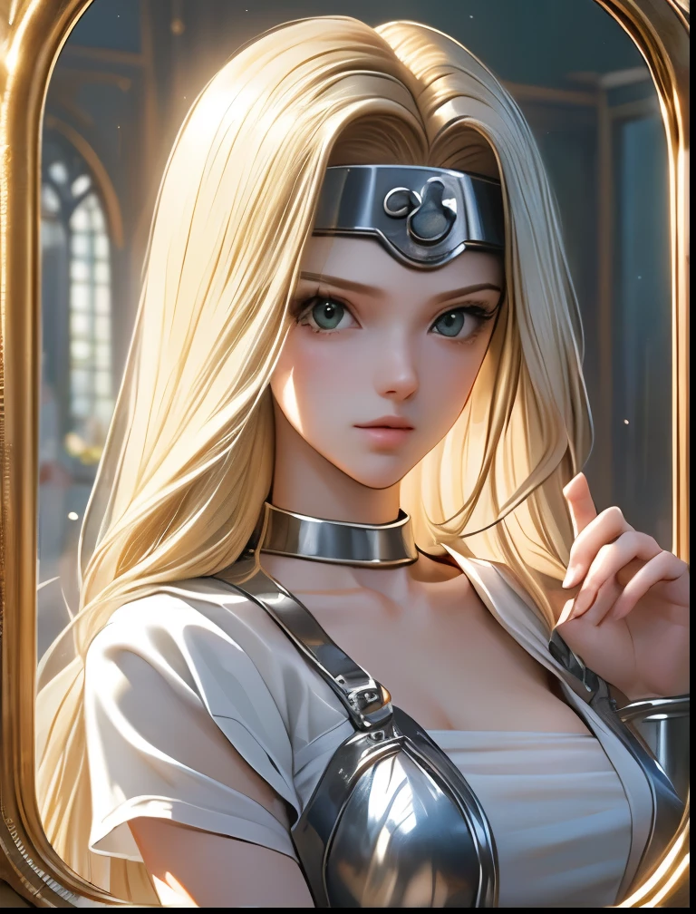(((SFW、Accuracy、Highest quality、 A first-class masterpiece 、 Normal body 、8k、 detailed face 、 super precision 、 Normal Hands 、5 fingers、Highest)))、" DRAGON QUEST VI "、Mireille、Mireyu、 Blonde、 Straight Long Hair、Big Breasts、 slender、Mirror Armor、 CIRCLET