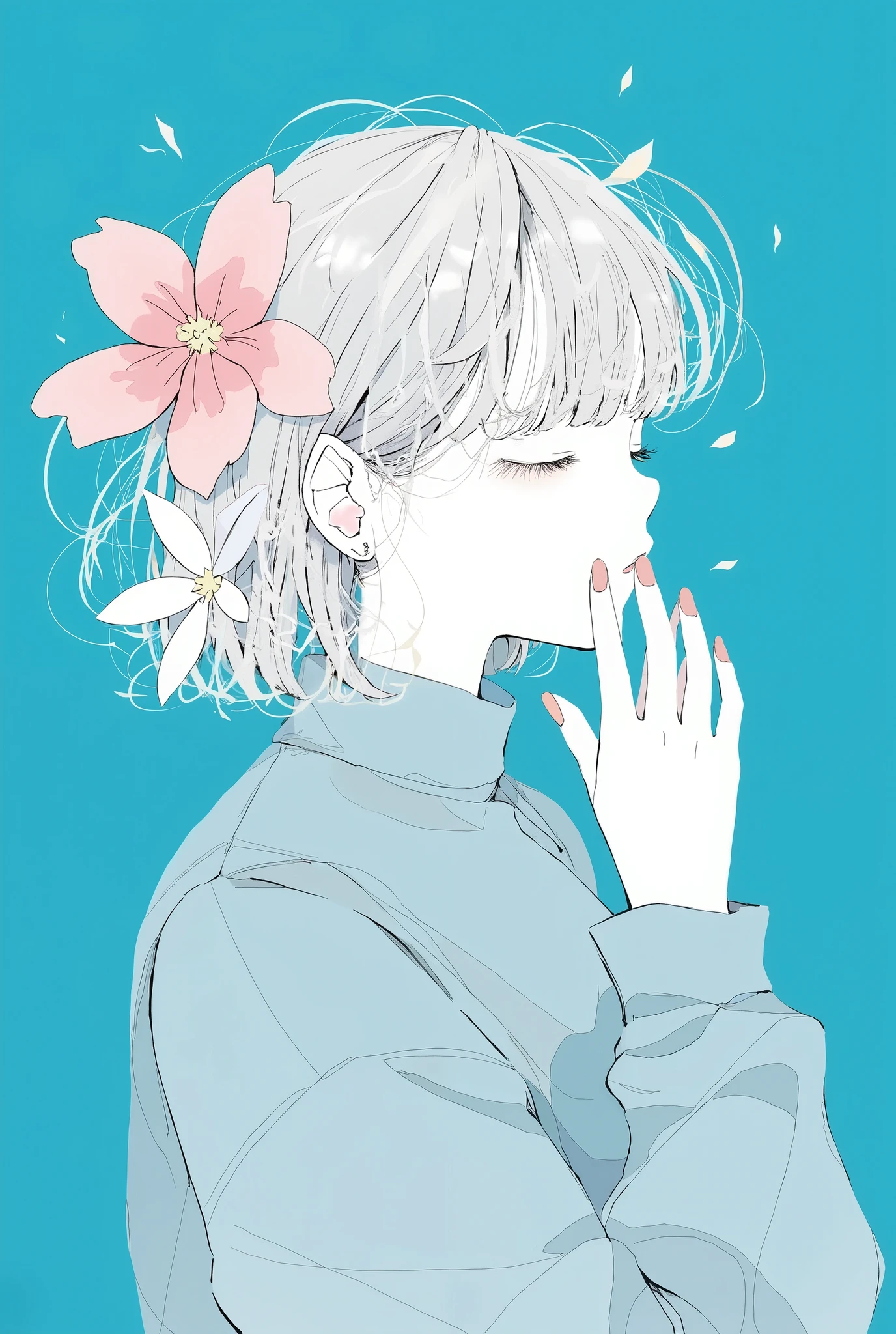 ( masterpiece, best quality:1.2), 1 Girl, 独自的This is an anime-style digital illustration of a young woman with a delicate and ethereal appearance. She has short, messy hair that blends seamlessly with the blue and white flowing abstract pattern. Her hair is adorned with two large, stylized flowers: one on the left and the other on the right, both with soft, rounded petals in pink and white. With her eyes closed, she appears to be in a state of contemplation or meditation, with her fingers lightly touching her lips as if lost in thought. Her skin is light, almost translucent, with little shading to emphasize her young and fragile nature. She wears a long-sleeved, pastel blue outfit that adds a sense of modesty and simplicity to her appearance. The background is a solid bright teal, which contrasts with her pale skin and adds a sense of calm and tranquility to the image. The overall composition is simple, focusing on the character's facial features and abstract elements such as the flowing hair and flowers, creating a dreamy sense of tranquility.