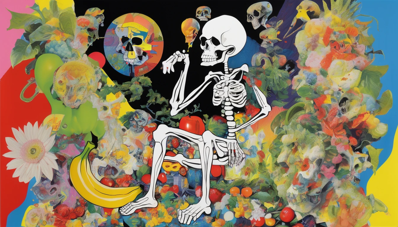 Use bright colors、Depict fantastic images on the theme of 1960s rock bands。Include lots of psychedelic and iconic elements。A skeleton like the one written by Stanley Mouse as the main character