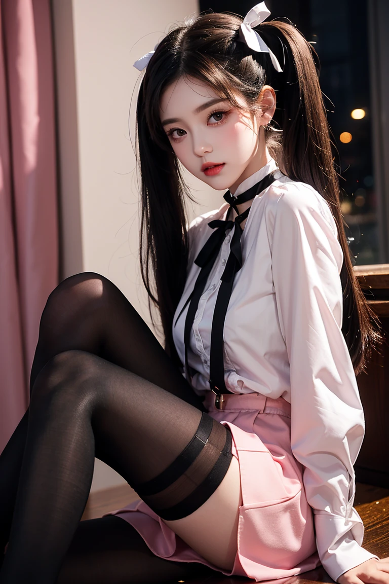 (Hyper-realistic), (Illustration), (High resolution), (8K), (Extremely detailed), (Best Illustration), Yol ( chain saw man ), (Beautiful detailed eyes), (Best Quality), (Ultra-detailed), (masutepiece), (Wallpaper), (Detailed face), Solo, Upper body, Focus on Face, 1 girl, Long Black Hair, Korean, Thin eyeshadow, A detailed eye, Brown eyes, Small moles under the eyes, very slender legs,Long sleeve shirt, Neckbow,  Small breasts,Black leather shoes, Dynamic Pose, low illuminance, Night, Dark, Clouds, a dark night,sit on sofa,Drinking black tea,Happy,