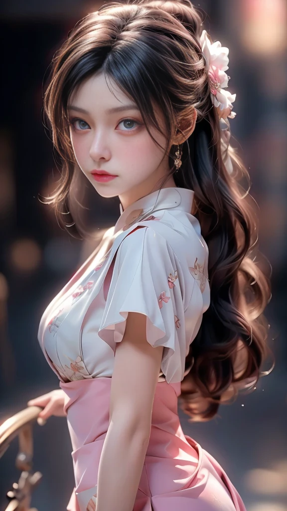 ((best qualtiy)), ((tmasterpiece)), (detail:1.4), Beautiful cyberpunk female images,hdr(HighDynamicRange),Ray traching,NVIDIA RTX,Hyper-Resolution,illusory 5,sub surface scattering,PBR textures,post-proces,Anisotropy Filtering,depth of fields,maximum definition and sharpness,Many-Layer Textures,Albedo e mapas Speculares,Surface coloring,Mitsu-Accurate simulation of material interactions,perfectly proportioned,rendering by octane,Two-colored light,largeaperture,Low ISO,White balance,Rule three points、8K raw data、Beautiful bright blue pupils,off-the-shoulder clothes,Fine pupils,Delicate face and eyes,long eyelasher,Blushlush,Delicate and fluffy hair,pink lip,Pure,Cute face,Sweet girl,Artistic sense,Casual wear,Advancedsense,butterflys,Cherry blossom petal,Beautiful hair accessories,Long hair and waist,Hair fluttering in the wind,wedding gown,curlies