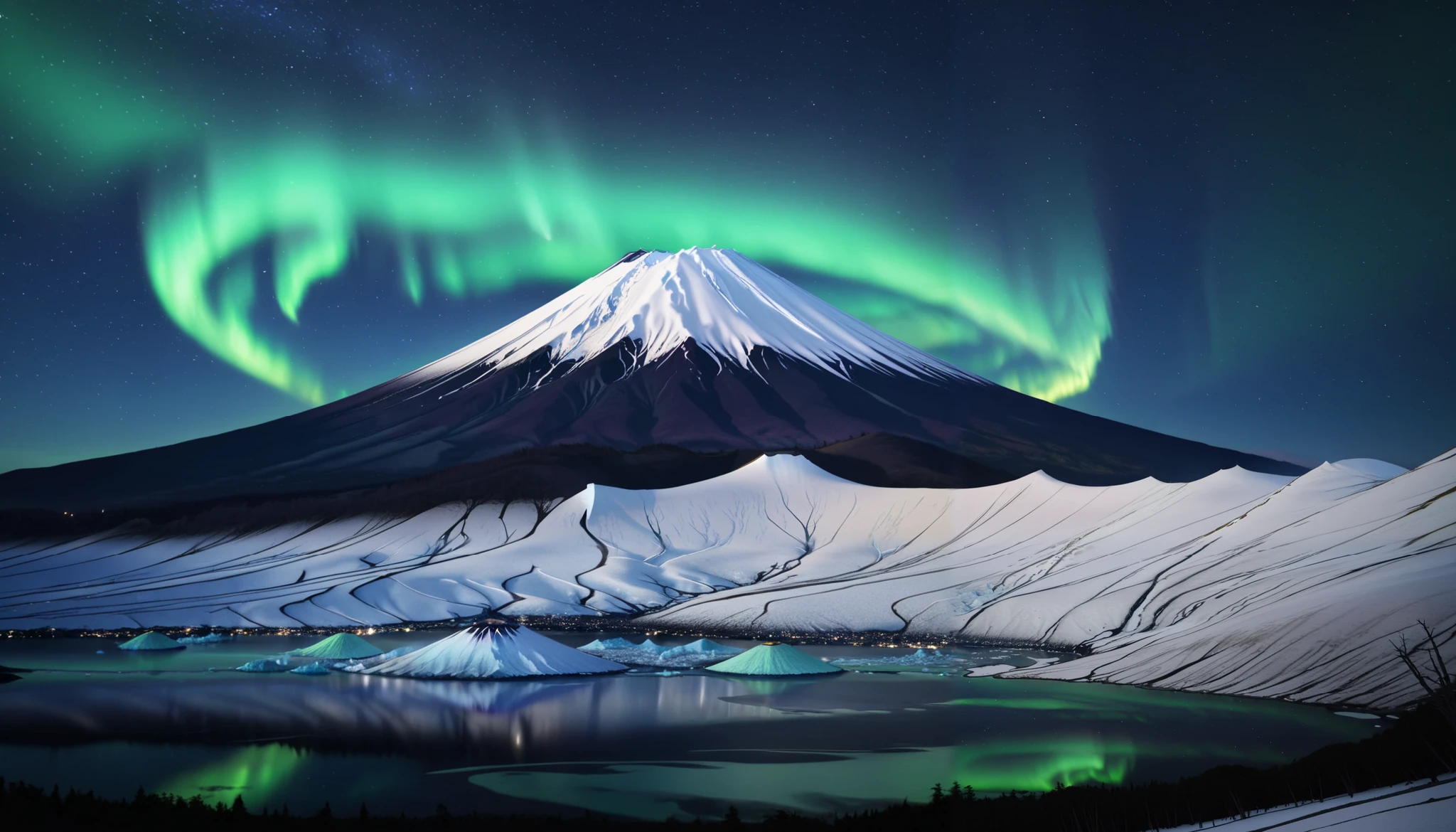 in ultra high quality, high definition , High Quality ,Spectacular views,(とてもThe giant Mt. Fuji up),A huge and realistic aurora dance that dazzles the night sky and covers the entire sky, sky full of stars,(The giant Mt. Fuji up),(Aurora shining brightly green),An unbelievable number of stars々The brilliance,(A majestic, bright Milky Way star on a vast glacier々and the auroras shine are reflected )、(( the huge Mt. Fuji that rises in the center )),((The huge and majestic Mt. Fuji))、The glacier extends to the horizon 、 Jagged ice layers and snow-covered mountain peaks 、 reflects the colorful light above 。 BREAK The stars twinkle in the dark and clear sky 、 The surrounding landscape is wrapped in the surreal glow of the Milky Way 、 creates a mysterious atmosphere 。 BREAK The cool and clear air adds color to the landscape 、 snow shines in the milky way and the gentle light of auroras、 This frozen wilderness is so calm that it seems unearthly。An unbelievable amount of stars々,I can see lots of meteor showers ,