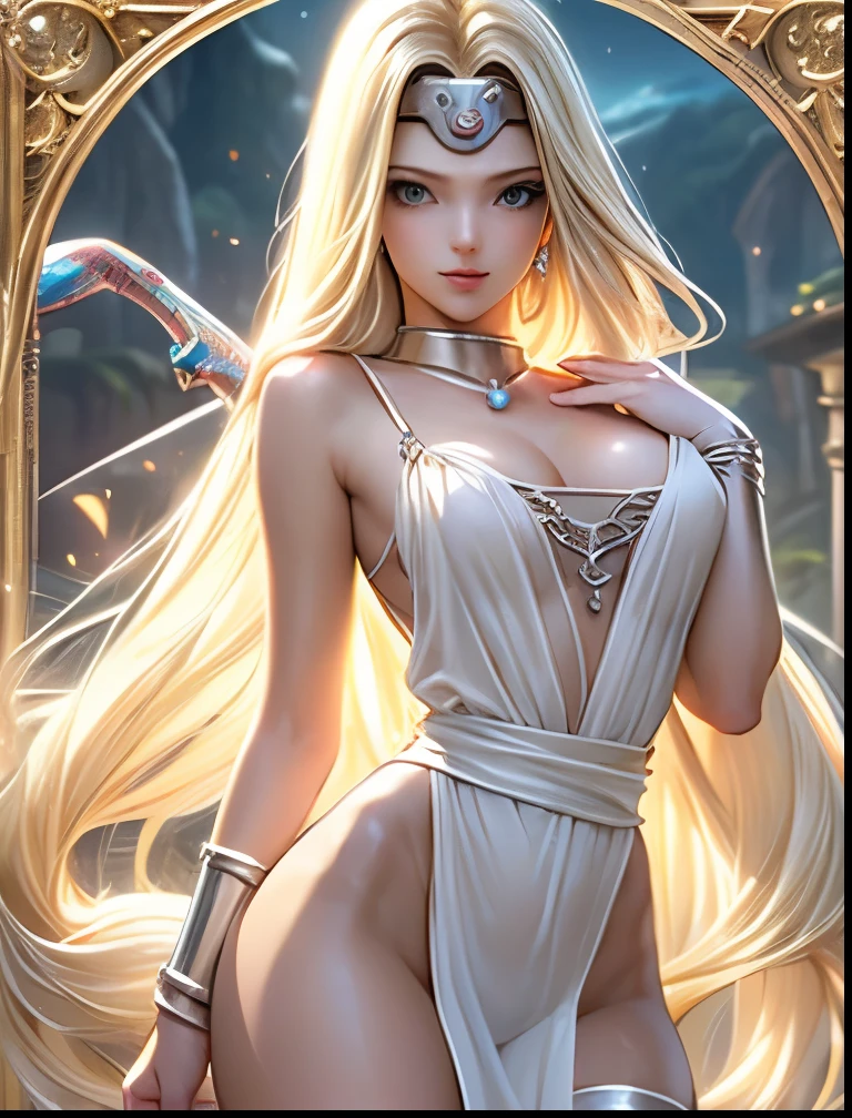 (((SFW、Accuracy、Highest quality、 first class masterpiece 、 Normal body 、8k、 detailed face 、 super precision 、 Normal hand 、5 fingers、Highest)))、" Dragon Quest VI "、Mireille 、Mireyu、 blondes、 Straight Long Hair、 big breasted 、 slender、 see-through nightgown、 CIRCLET 、 Sexy leg opening pose