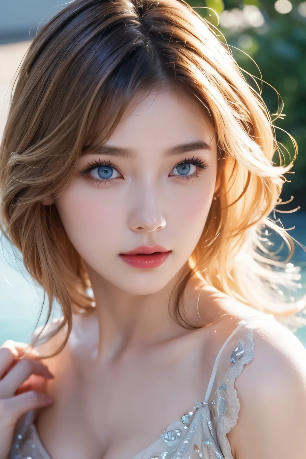 High-quality work,Realistic works,Super premium graphics,8K HD CG works,high quality graphics,High-definition and exquisite CG works,10x pixels,Ultra-fine details:1.1,Advanced technical details:1.1Realistic photo effects,Interior lighting effects:1.5,natural soft light:1.5. Light effect(Virtual light effects:1.8),ultra high resolution,shining dress,sliver long hair,silber hair,transparenthair,high detailed hair(Quality hair details:1.1)Clear eyes,Double eyelids look good,Sharp eye makeup, Create exquisite eyelash makeup, tthin eyebrows, Ultra-detailed eyes,a tall nose, lovely red lips, rosey cheeks, With delicate makeup on her face , pretty face, The face shape is perfectly proportioned,(Advanced facial details:1.1)girl with short hair floating in the water、curlies), eBlue eyes, big tit job,No clotheare-chest,body exposed to the audience,Visible nipple,Stunning facial portrait, Guviz-style artwork, beautiful portraits, beauitful face, Guviz, watery big eyes, Detailed number art, number art, beautiful artwork, Loish et al........ ample, blue watery eyes, Beautiful number art works,frontage,big laughter,Women's artwork,Dress full body video,Realism,Amazing Cleavage,My eyes are very bright today