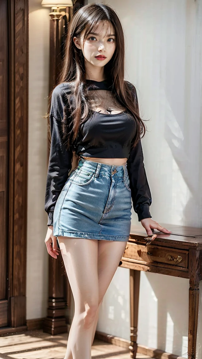RAW photo, bokeh, (Lifelike face), smiled slightly, Top image quality, High resolution, best quality, 8k, HDR, (photorealistic:1.55), (1girl:1.4), brown and curly and messy hair, very detailed face, beautiful eyes, [chubby], adorable, full body portrait, Close-up, sharp outline, romantic, Korean stylish, fashion, stylish costume, uniform, tight lace t-shirt, high waist skirt, Thigh high stockings, (spread legs:1.27), delicate face, brown hair fluttering in the wind, 22-year-old girl, slim figure, small bust, sexy, plump breasts, open chest, bra, charisma, glamorous, standing tall.