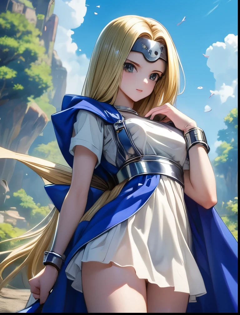 (((SFW、Accuracy、Highest quality、 A first-class masterpiece 、 Normal body 、8k、 detailed face 、 super precision 、 Normal Hands 、5 fingers、Highest)))、" DRAGON QUEST VI "、Mireille、Mireyu、 Blonde、 Straight Long Hair、Big Breasts、 slender、極薄透明透け slave服、 Underwear Sheer Transparent Mini Skirt、 CIRCLET 、リード付き slave首輪、handcuffs、 slave