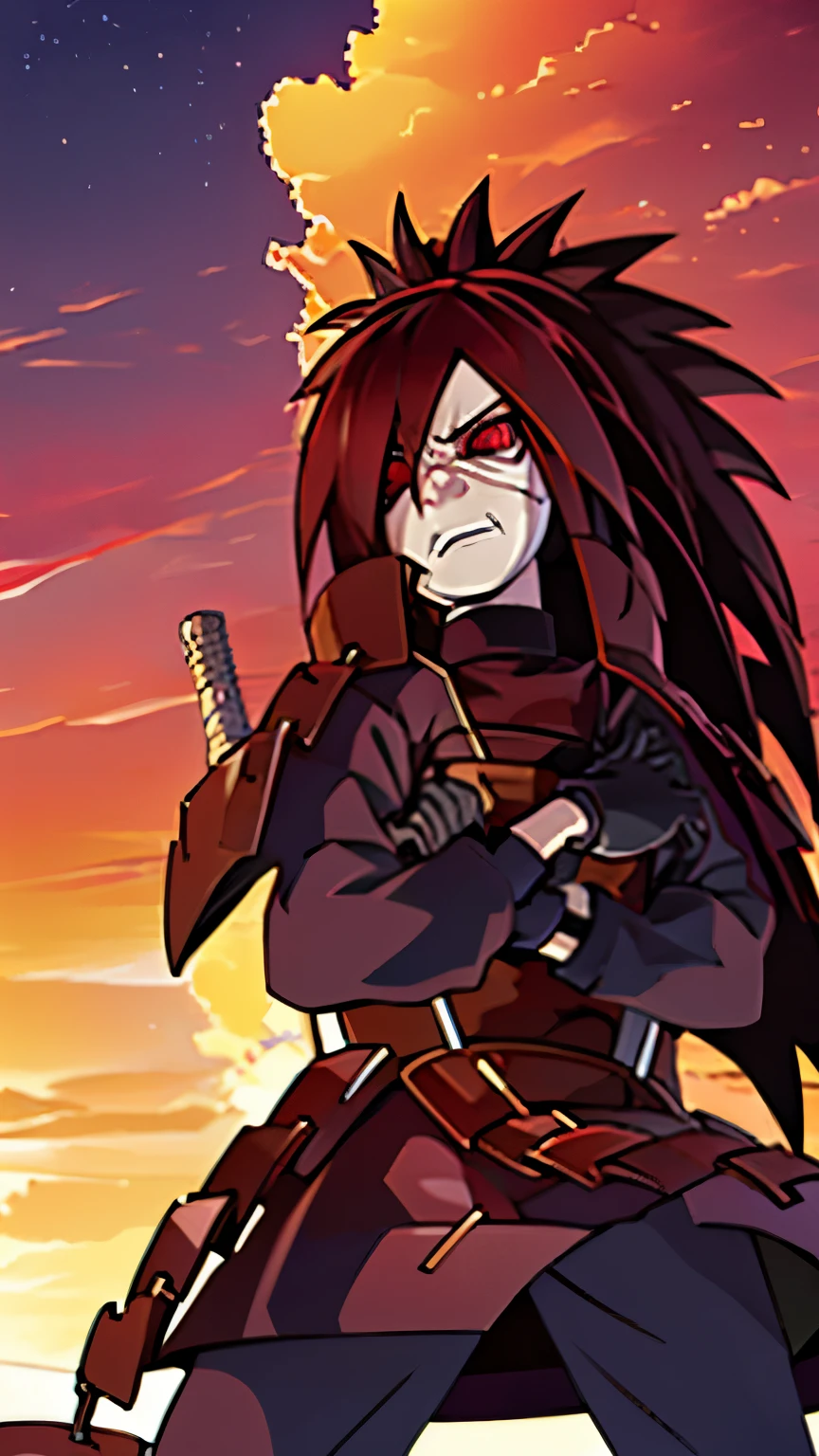 1 ,   GIRL Madara Uchiha  ,   is at the center of a desolate and gloomy landscape  .  The Earth is dry and cracked  ,   without visible vegetation  ,   and the sky is darkened by sinister clouds  .   Madara is looking directly at the camera with an expression of anger and disdain on her face..   Her Sharingan eyes shine brightly  , highlighting her anger  .   Her posture is imposing and dominant  ,   with clenched fists and tense muscles  .   The wind blows around her  ,   shaking clothes adding drama to the scene  . In the background,   ruins and debris spread  ,   showing the devastation that her fury caused  .   This image captures the essence of Madara Uchiha as a Powerful y Temible Guerrero  ,   ready to face any challenge with his fiery anger  .