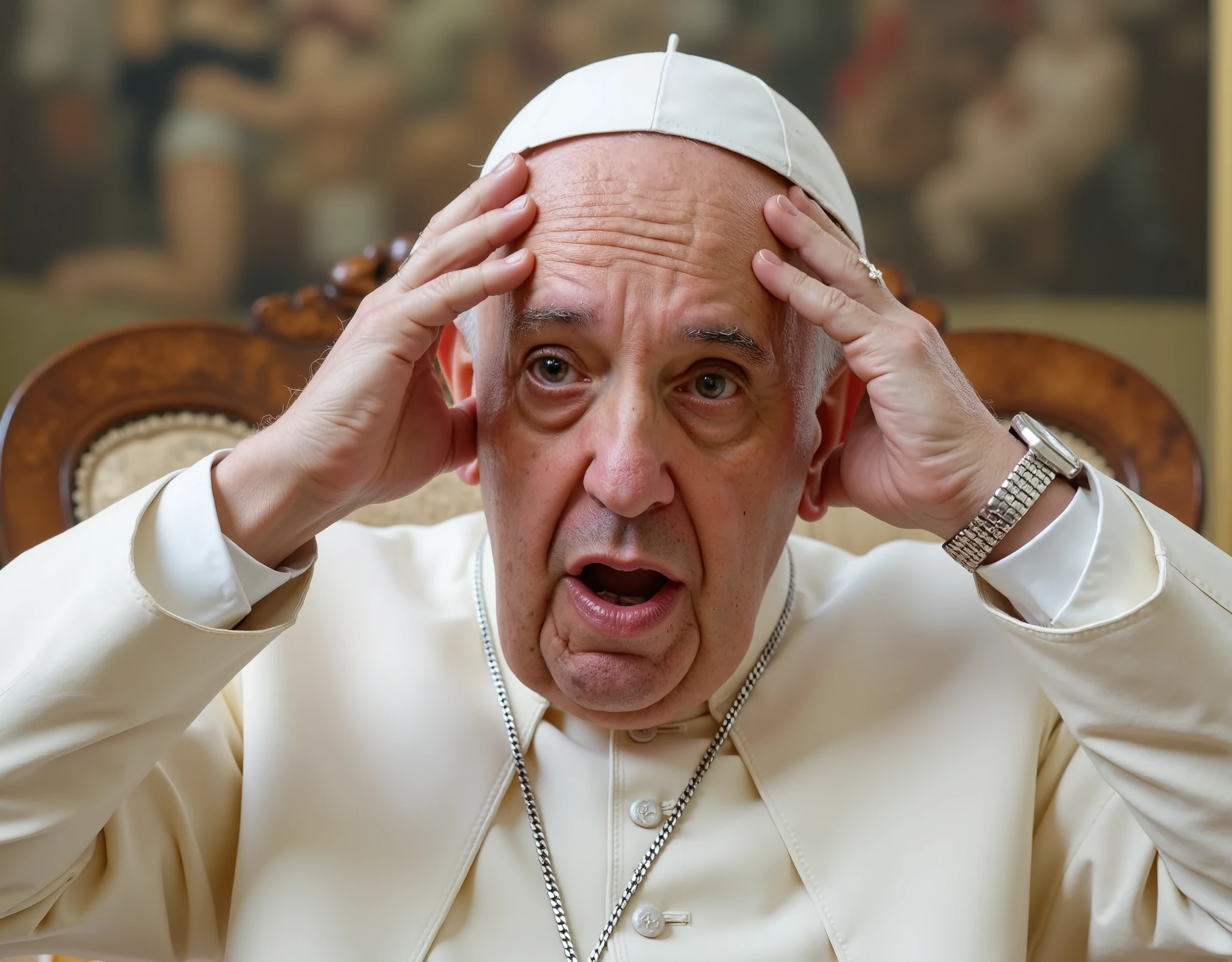 ((High definition, Masterpiece, 8k, Digital Photography, Digital Art)), ((Natural illumination)), Contrast, white illumination, (( Pope Francis, distressed with his hands in his face in desperation, watches a group of drag-queens dancing and showing off their butts)),  The Pope sitting in the papal chair , papal silver cross necklace. photorealistic scene , popefluxlora.
