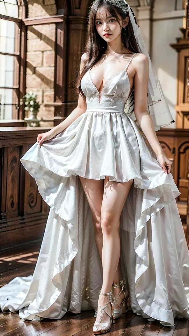 ((Lace Wedding Dress))、(The eyes are blue)、(((Open Standing))),Open Stance、Standing pose with legs wide apart、Low - Angle、Angle from bottom to top、solo、One person、Lace panties、