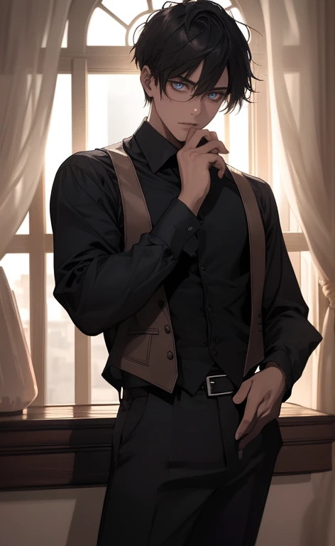 man, abs, male, male face, attractive, thin, ((1man)), masterpiece, sitting, cool pose, steampunk clothes, absurd details, best quality, intricate details, (shiny skin, shiny body, bright skin,, bright hair, pale skin tone), old castle, sunset, attractive, adult, one, don't look at the sight, don't look at the view, don't look at the view, short black hair, perfect detailed face, perfect detailed hands, blue eyes, ((MLS)), medium large outbreak