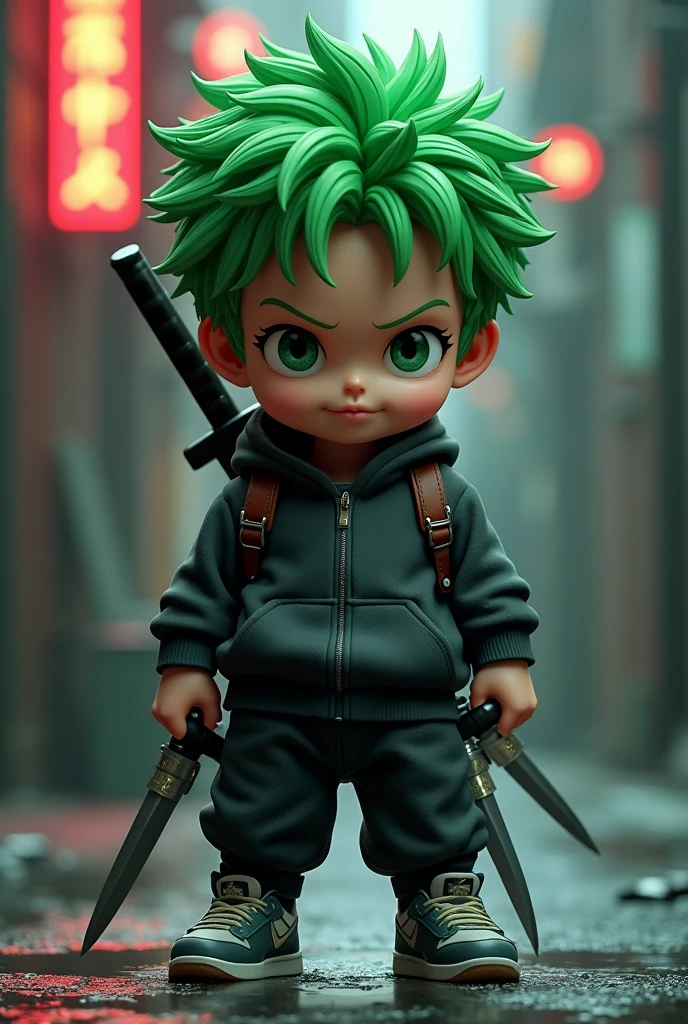 One Piece's Zoron ，young，As ，Child， punk ， black background，trendy clothes，Slicked back，Fierce eyes， wears a cool trendy dark grey tracksuit，Sports shoes，With a knife on his back，Black and green color scheme，，Anime style 3d ，Round， Chubby ， cute，Green algae head ，，Handheld knives，Three Swords