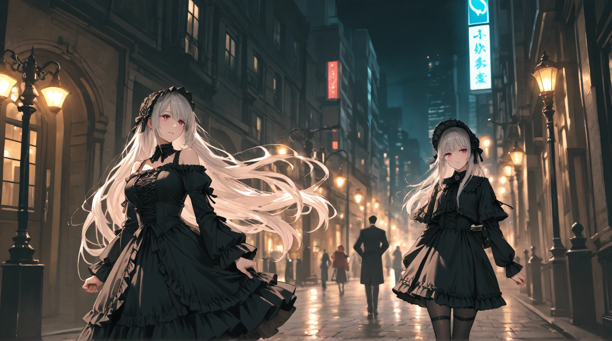 women, anime, White hair, Blue eyes Diamond, elegant black dress,  night time, on the street, walking, under the rain.