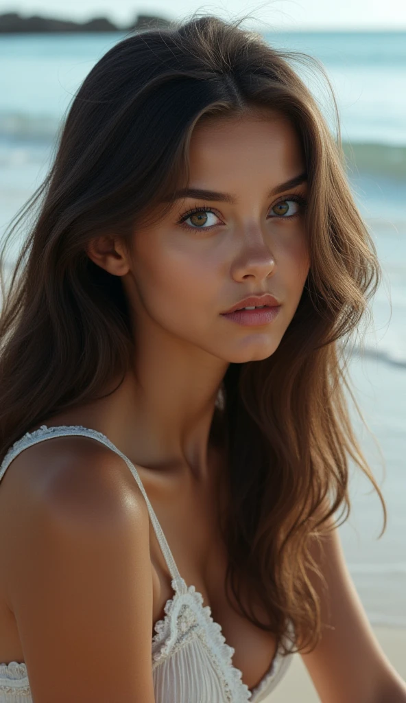 A stunning brunette woman stands proudly in front of the camera, with her body and head held perfectly straight for this ultra-realistic portrait. Her captivating eyes, fixed on the lens, invites the viewer to delve deeper into her enchanting gaze. The woman's ample 34D breasts are prominently displayed, adding to her allure. With her shoulders and head taking up a significant portion of the image, one cannot help but be captivated by the intricate details of her features.

The scene is set on the picturesque beach, with the sun casting perfect lighting over the woman. The high-definition DSRL captures every pore, every curl of her