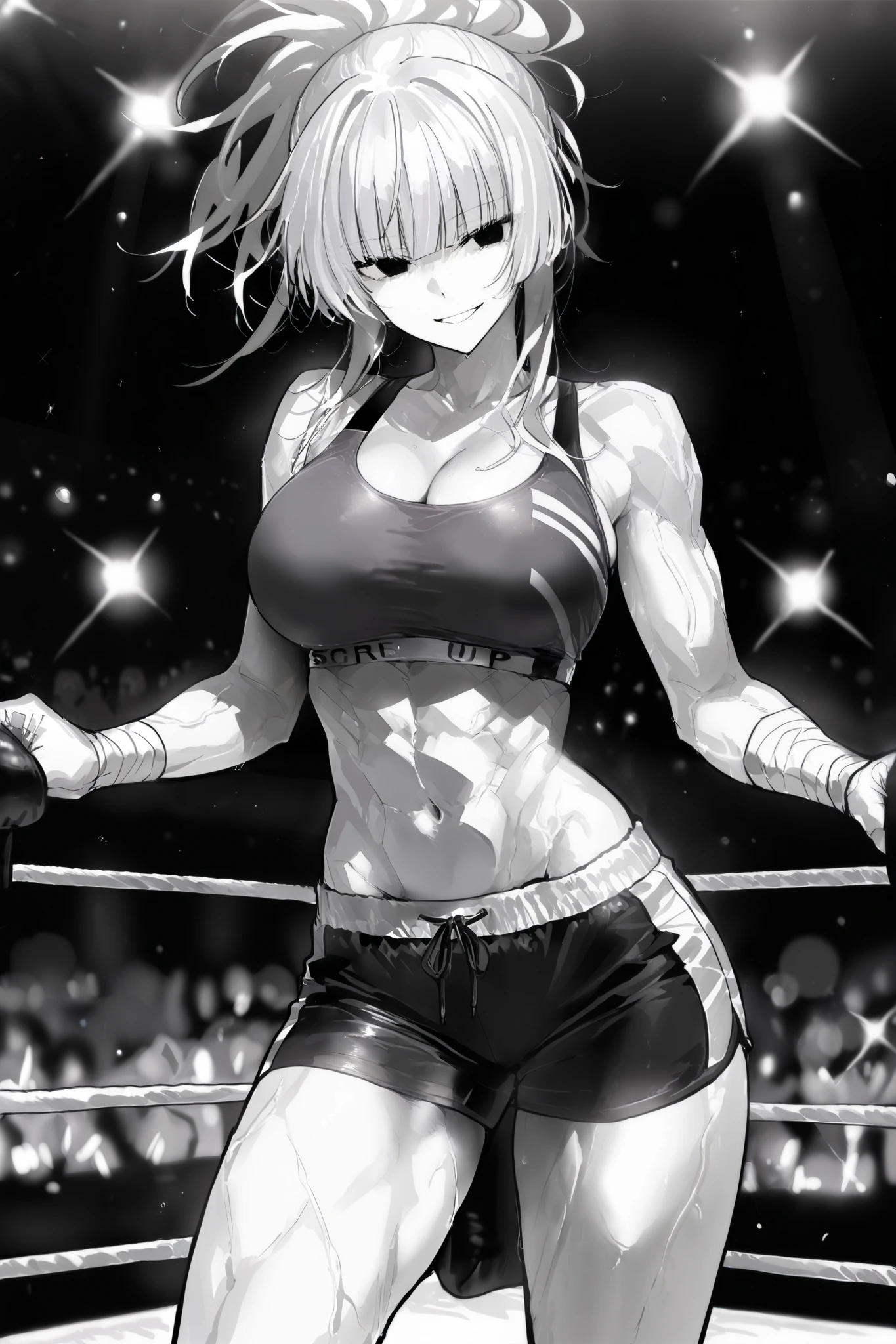 score_9, score_8_up, score_7_up, score_6_up, score_5_up, score_4_up,  
BREAK
masterpiece: 1.0), best quality, perfect anatomy, perfect composition, perfection, 4k resolution, absurdres, very aesthetic, professional artwork, absolutely beautiful,  
BREAK
1girl, fit, slim, athletic, light colored hair, blunt bangs,  big breasts, defined abs, defined muscles, black eyes, big eyes, ponytail hairstyle, black hair, wide smile, lineart, line art, monochrome, greyscale, bounce light, hyperdetailed, veins, detailed hair strands, detailed fibers,
BREAK
Sports bra, sports shorts, arm wraps, foreshortening, dynamic pose, depth of field, boxing ring background, audience background, dark background