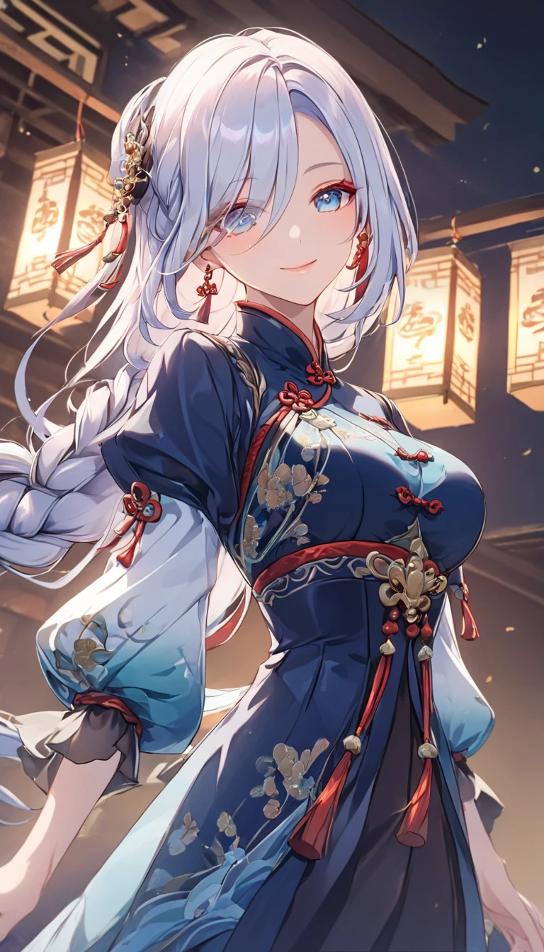 masterpiece, best quality, illustration, (dynamic lighting:1.2), cinematic lighting, reflection, delicate facial features, detailed eyes, ultra-detailed eyes, sharp pupils, realistic pupils, depth of field, bokeh, sharp focus, (hyper-detailed, bloom, glow:1.4), exceptional beauty, alluring face, cute look, multicolored hair, white hair, shining hair, blue hair strands, ponytail, high ponytail, enchanting blue eyes, shiny, sparkle, sparkling, chinese traditional dress, chinese long dress, jewelry, ornaments, delicate features, 1girl, solo focus, cowboy shot, white skin, intense bright, absurdres, high-res, ultra-detailed, furina, genshin impact, large breasts, huge breasts, perfect breasts, hair ornaments, earrings, perfect arms, perfect hands, perfect fingers, perfect body, perfect, embarrassing, blushing, smiling, angelic, lunar, new year background, lunar new year background, lantern, night market background, expert shading, extreme light effects, intense bright, glare, sharp eyelash, red lips, dynamic pose, tying hair, adjusting hair