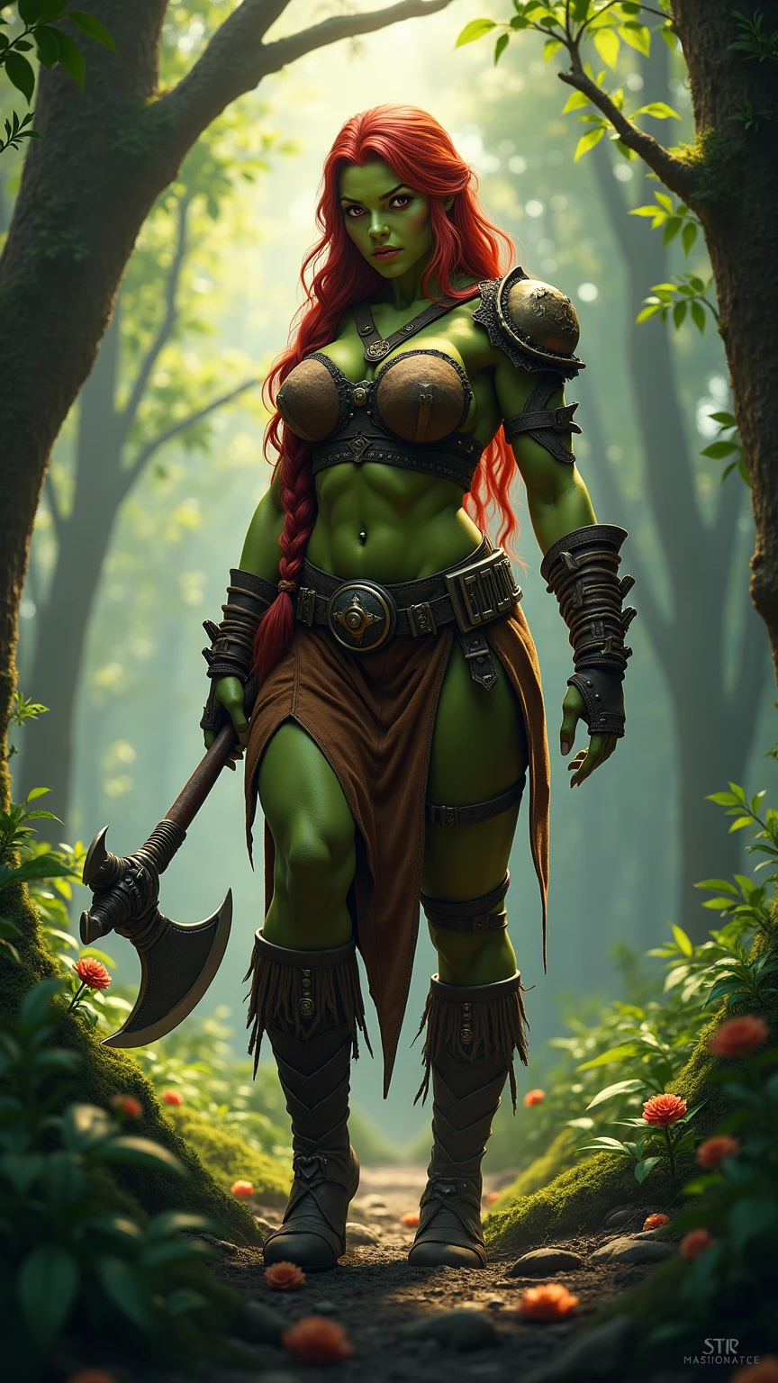 (1  muscular beauty female,orc, humanoid,green skin, messy red hair mullet style,scar:1.2), fantasy world, medieval, cave, mining operation, fortifications, (gorgeous steel armor, threatening armor, chest plate, gauntlets:1.2), red cape,dynamic fighting pose,dynamic angle,cameltoe,angry
