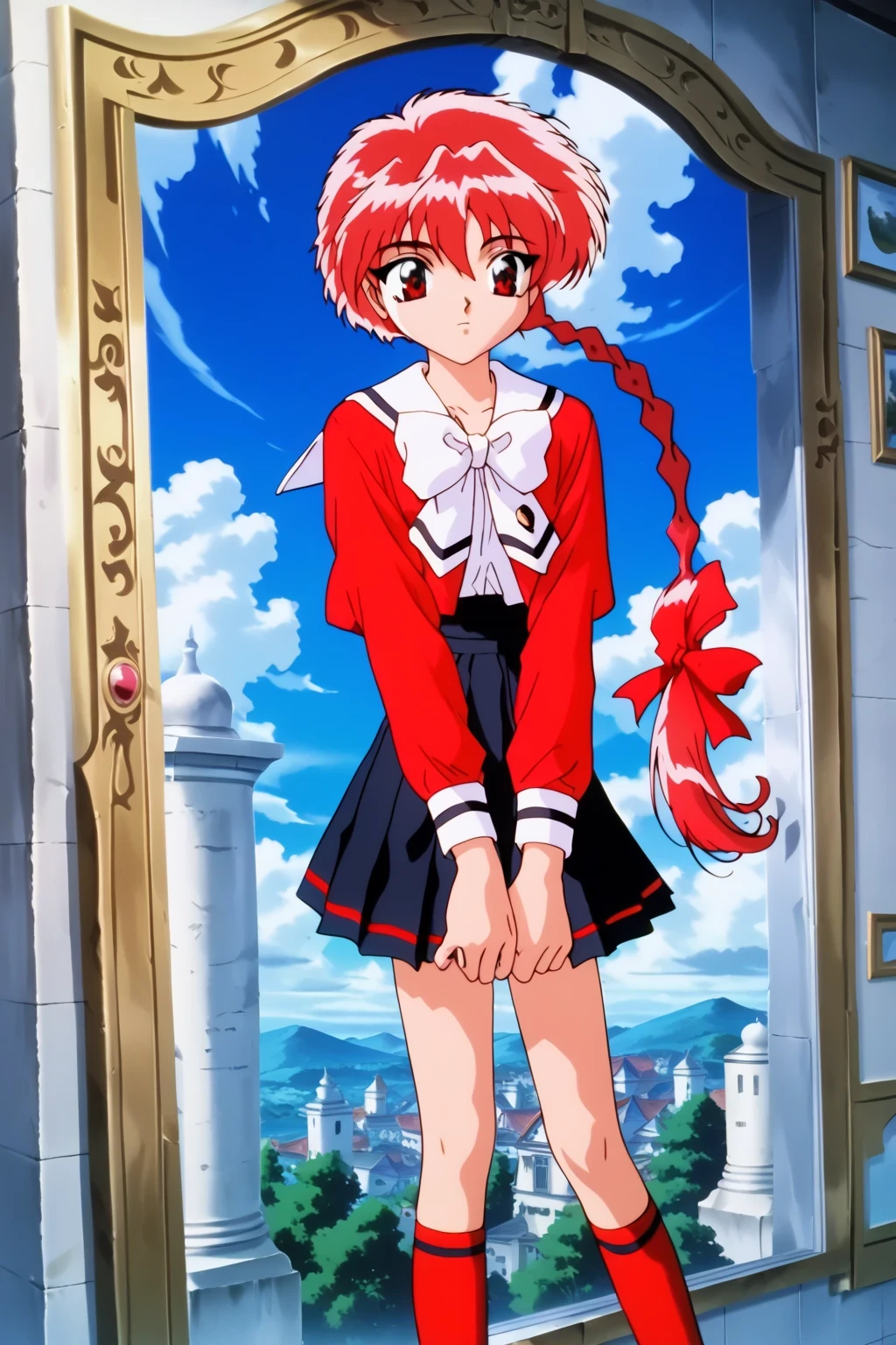 score_9,score_8_up,score_7_up,score_6_up,score_5_up,score_4_up,source_anime,(solo:1.5),
masterpiece,highest quality,Super detailed,8k,High resolution,an extremely delicate and beautiful,Official Art,Perfect Anatomy,1990s \(style\),90s anime,90s anime style,retro artstyle,Cel-shaded anime,anime screencap,anime coloring,Woman made of paint,Full Paint,ray tracing reflection,perfect face,beautiful,sexy,athletic body,shiny skin,(scale to fit the dimensions:1.2),
((AEHikaru:1.52)), braided ponytail, hair between eyes, hair ribbon, long braid, long hair, red eyes, red hair, single braid, black footwear, black skirt, kneehighs, long sleeves, pleated skirt, red bow, red shirt, red socks, ribbon, school uniform, serafuku, white bowtie,white sailor collar,