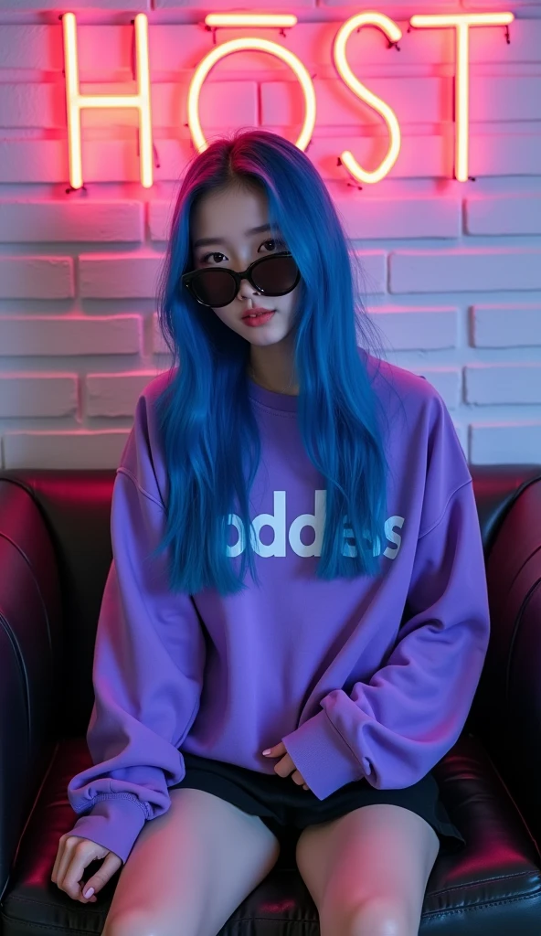 A Korean girl age 20years old long hair bright blue color , oversize switer shirt purple color inscribed ,,goddess,, on it , sunglasses , black short skirt white shoes , sitting on a black sofa white wall background new motif brick there is an inscription,, HOST,, on it warna biru neon,,