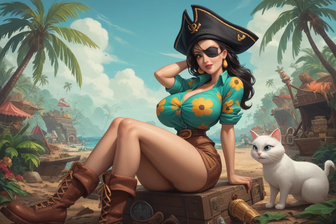 score_9, score_8_up, score_8, source_anime, semi_realistic, 1girl, Pirate Goddess, proud, bracelet, jewels, pirate hat, skimpy pirate clothes, DD cup size. big nipples outline. curvy booty. legs in water, Waterfalls,Island paradise, sunny morning