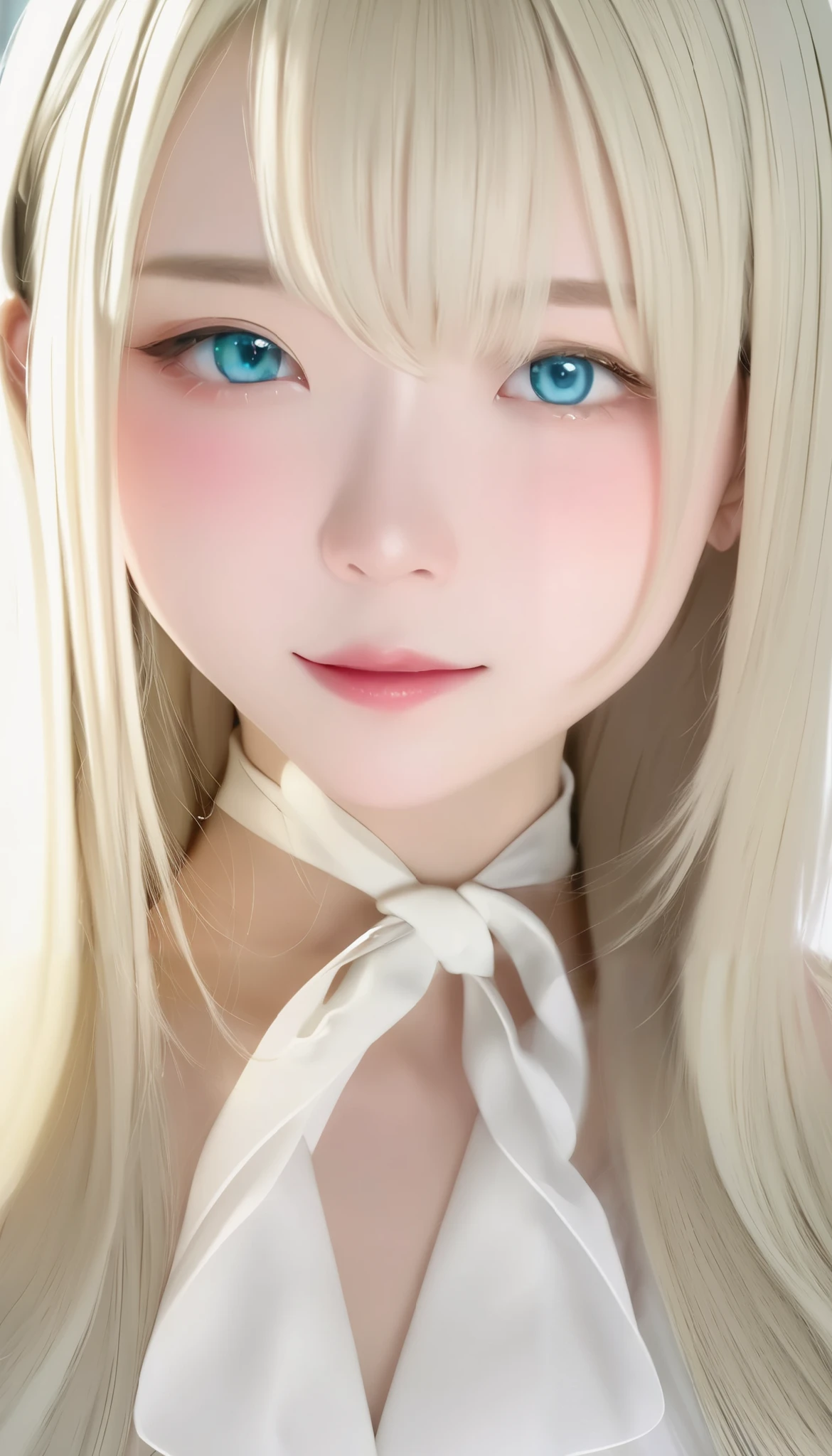 ( closeup :1.4)、(RAW shooting:1.2)、( Photorealistic :1.4)、(masterpiece:1.3)、( best quality :1.4)、 bright expression 、 very beautiful girl 、AMAZING BEAUTIFUL GIRL 、 cute and beautiful face with great attention to detail 、Beautiful Bangs、White, glowing skin、Facial hair、 bangs that extend to her face 、 bangs between eyes、 super long hair 、Attractive light blond and dark blond super long straight silky hair、 BEAUTIFUL BRIGHT CLEAR LIGHT BLUE BIG EYES WITH AN ATTRACTIVE SHINE、 classy dress、 double eyelid that bends both elbows、Ample Bust、 upper body part 、
