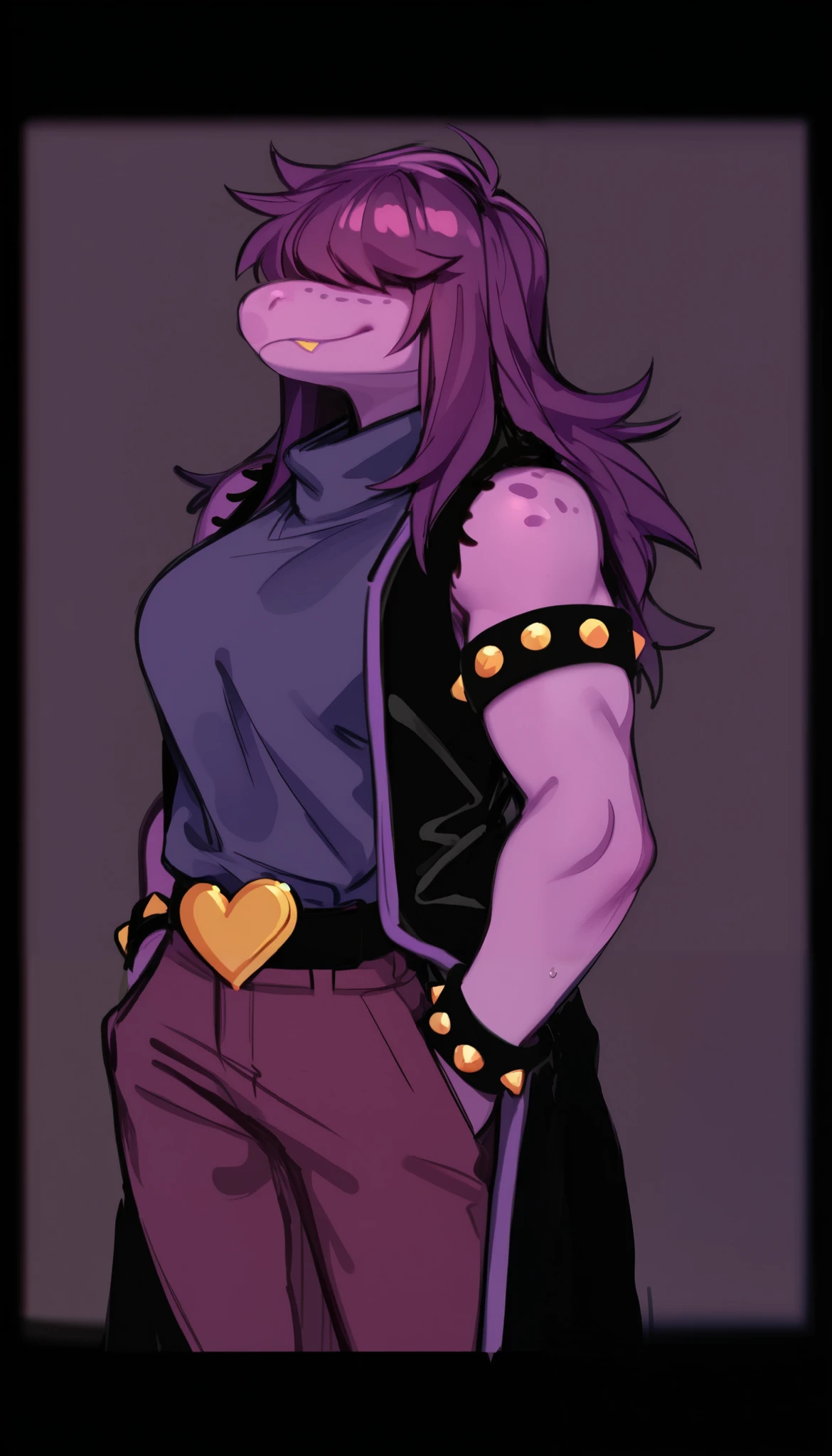 susie_dr, girl, solo, purple skin, anthro, scalie, hair over eyes, purple hair, big sleeveless black jacket, purple detail on jacket, strong body, purple sweater, jeans, black belt, golden heart on belt, studded armlet, studded bracelet, freckles, sketch