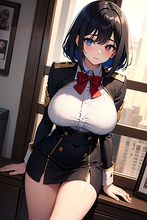 Stewardess, sexy body, big breasts, cleavage, big hip, stockings, garter belts, smiling, beautiful face, detailed face, very detailed eyes, long black hair, blue eyes, full body, high quality, airport, detailed background, high resolution