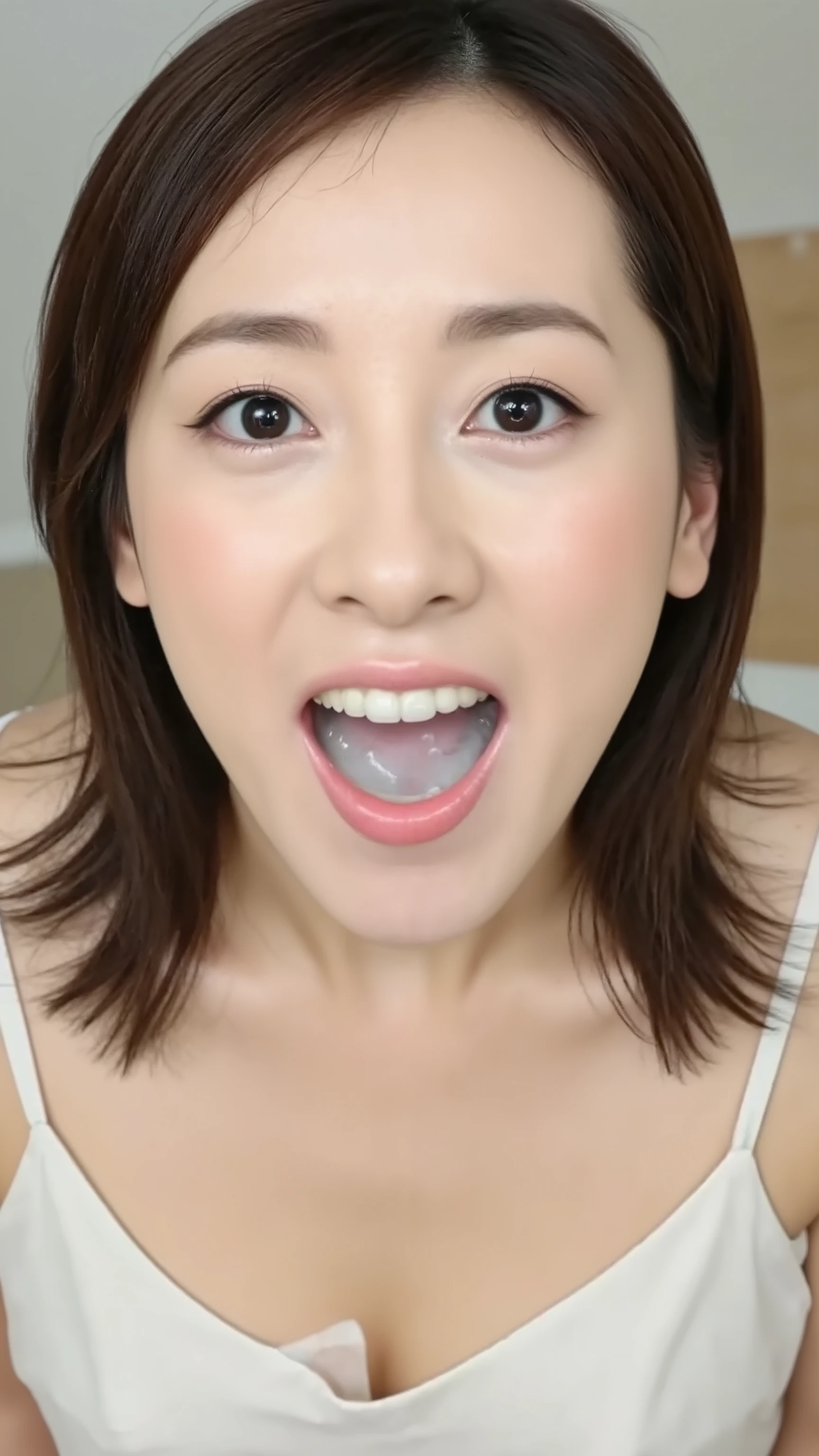 The high resolution photograph of a 47 year old Japanese mature woman, realistic, photo-realistic, masterpiece, best quality, amazing quality, intricate details, sharp focus, professional lighting, solo, 1girl, filthy woman, surprised face, seductive pose for erotic photography, long black hair, pale skin, fine-textured skin, detailed face, beautiful detailed eyes, (sundress:1.4), (open mouth, white cum in mouth:1.2), anatomically correct, indoors, overhead shot, looking up at the viewer,