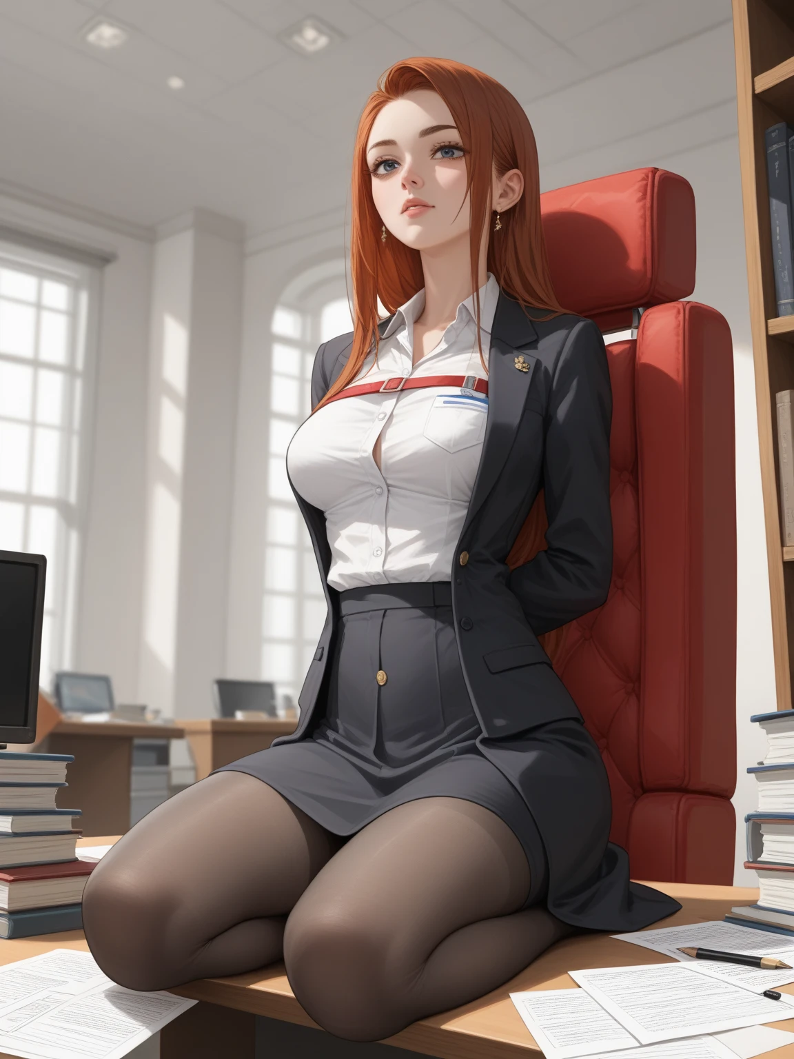 ((half)CEO woman sitting on chair in RAW photo office, Wearing a red suit, (Use dark attractive eyes) Movie Scene, Red tight skirt(impeccable) ,Serious and elegant woman with thick female eyebrows, Agent 007 Girl Style, (Mysterious serious face,) Red-haired, Dark black background image, elegant and elegant, (hightquality, Realistic images), (Best Quality, 8K, masutepiece).Holding a pen and documents real looking skin 超A high resolution Precision Details Beautiful expression