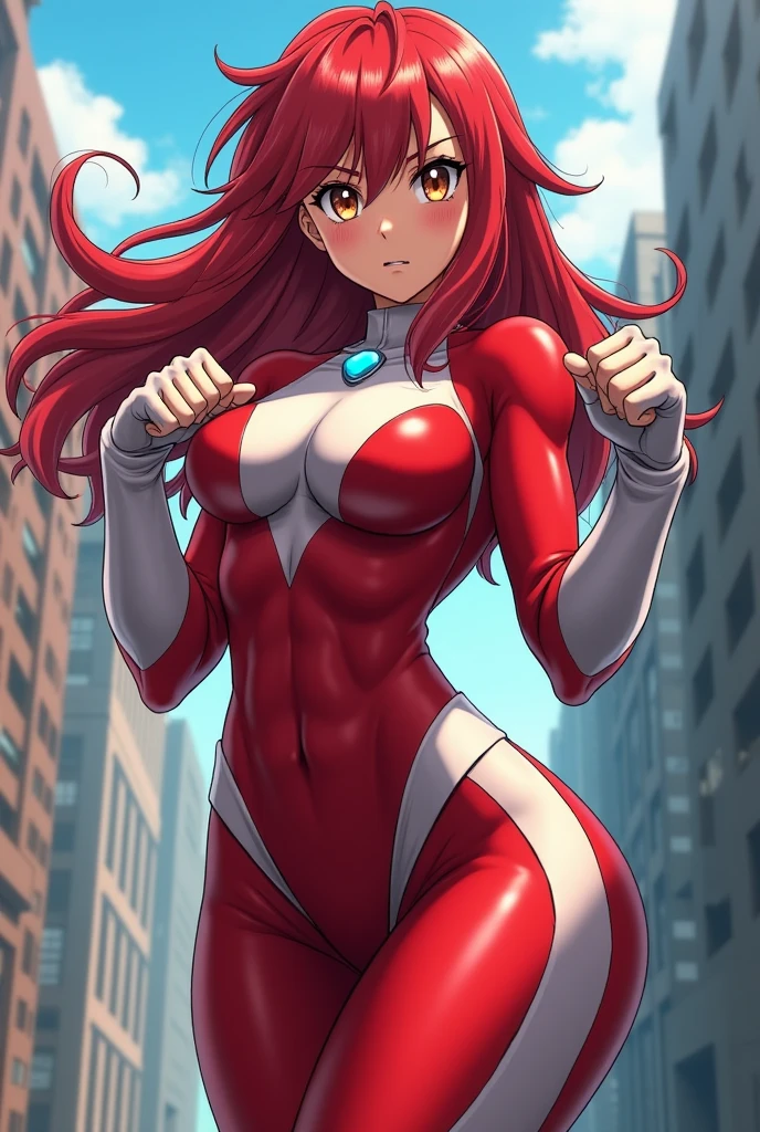 A giant woman/Ultraman/ in a completely destroyed city. Red gem on chest, extremely beautiful, with long, wavy hair, enormous breasts, and looking directly at the viewer , striking multiple poses with her arms and legs in an anime style. The image is of maximum resolution, quality, sharpness, and detail,red high heels,from below,white red full_body bodysuit,long gloves,makeup,milf.
