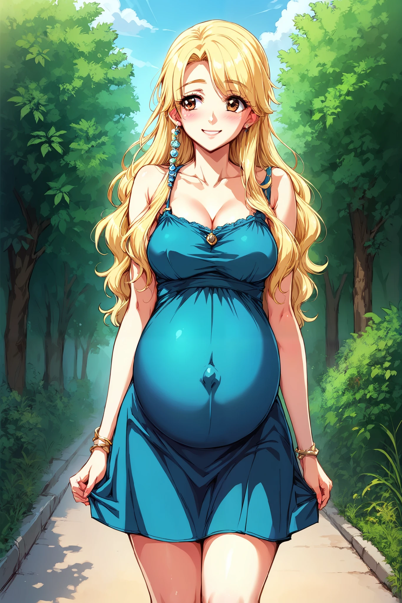 score_9, score_8_up, score_7_up, 1girl, long hair, blonde hair, brown eyes, curtained, curvy body, blush, smile, shy, casual dress, pregnant, outdoor, solo, good anatomy