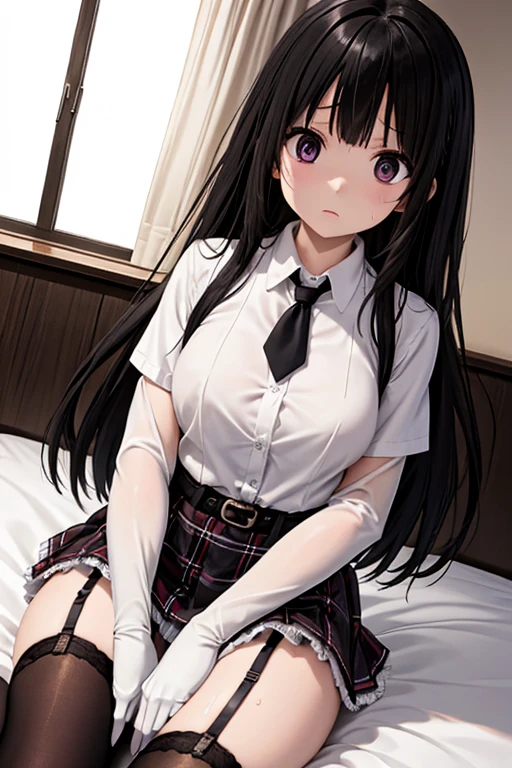 1 girl as yukino yukinoshita, absurdres, highres, solo, school uniform, big breasts, waist long black hair, (twintails:0.5), miniskirt, black thighhigh socks, loose red ribbon, unbuttoned white shirt, ahegao, (rolling eyes:1.5)