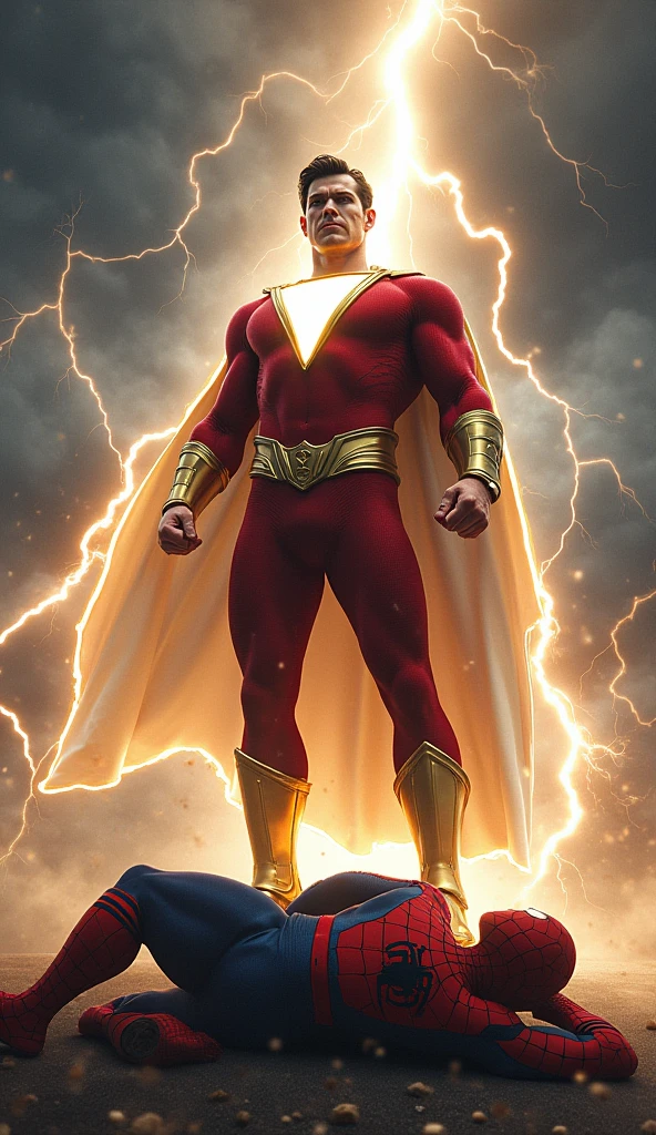 Shazam! in a heroic pose with one leg bent under the stone