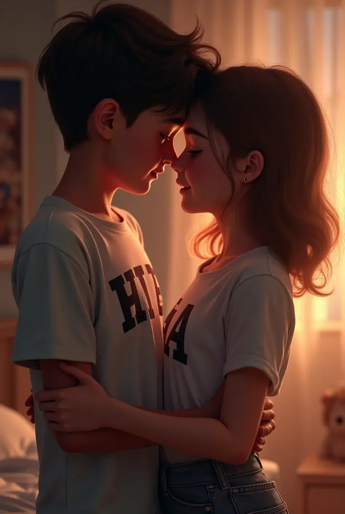 A girl with letter H on her t-shirt and a boy with letter A on his t-shirt doing intemate things.