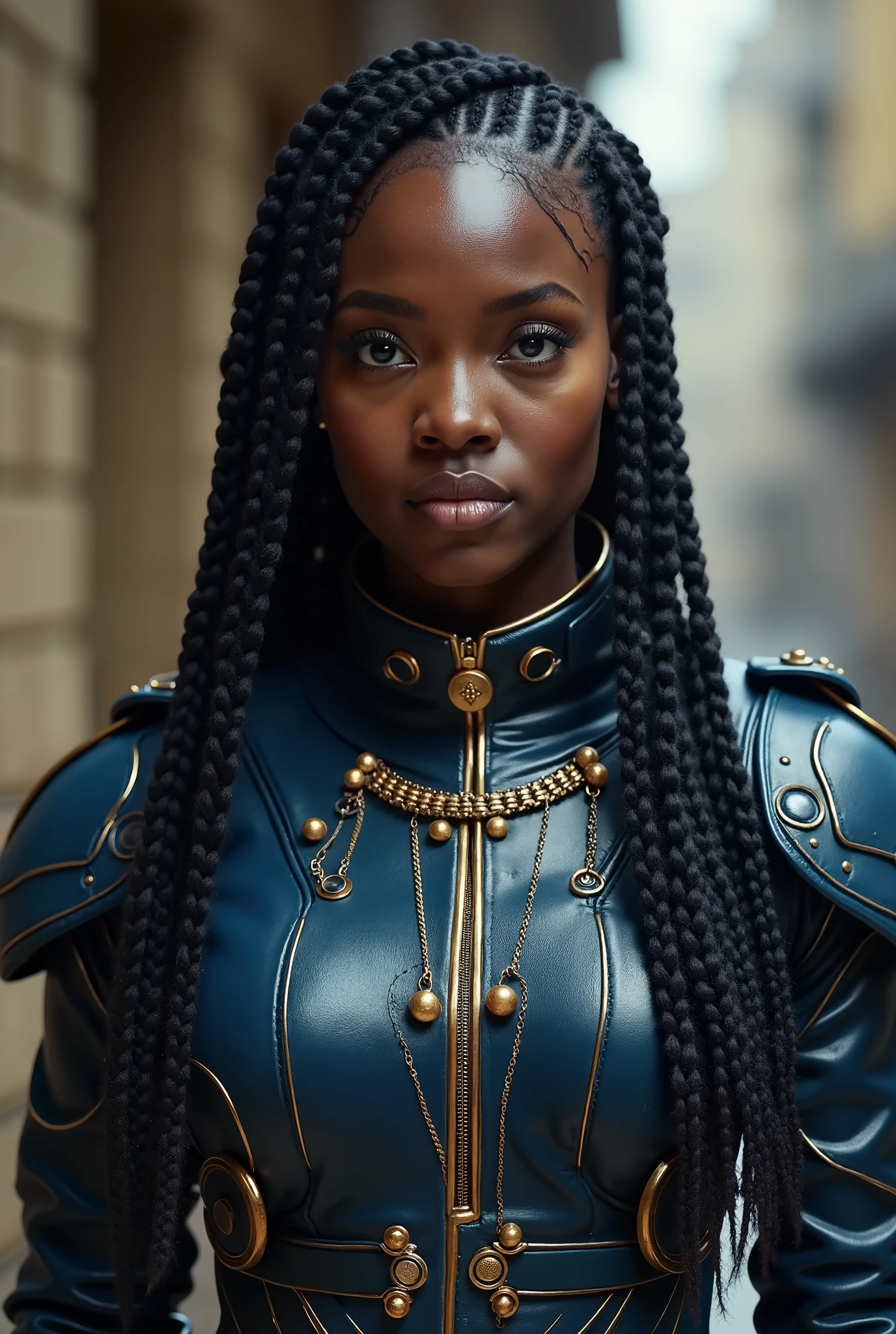 1girl 80sdarkfantasysd15b <lora:hadestyle_v2:0.75> toned-body <lora:Black_Women:1> <lora:image enhancer soft_v1:1> Cinematic-film-still Shallow-depth-of-field vignette highly-detailed high-budget bokeh cinemascope epic gorgeous averted-gaze braided-hairstyle masterpiece best-quality absurdres detailed ultra-detailed BREAK solo upper-body looking-at-viewer detailed-background detailed-face (imperial-chinese-theme:1.1) guard guarding steadfast shield iron-armor leather-gauntlets coat-of-arms Platinum-Blonde-banner cage-in-background wind-blowing sunrise medieval-atmosphere