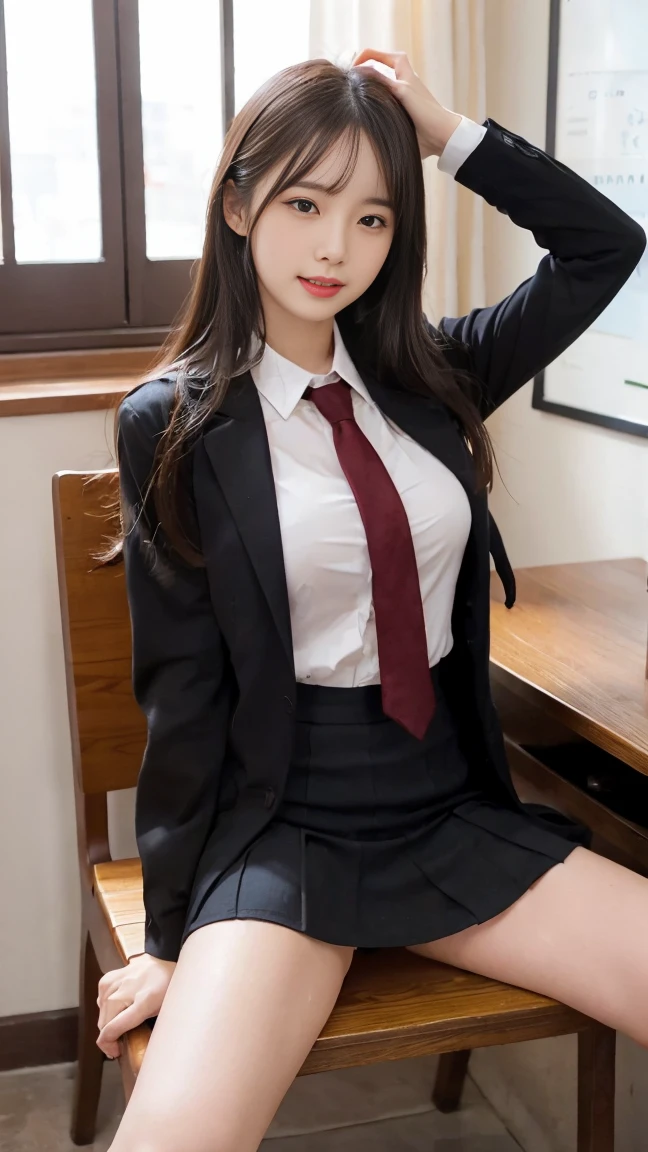 mix4, (16 K, Raw photography, Top image quality, masterpiece: 1.45), (realisitic, Photorealsitic: 1.37), Tall Girl, cute little, A city scape,, profetional lighting, photon maping, school classrooms, physically-based renderingt, dark brown hair,pony tail hairstyle, Well-groomed and beautiful eyes、((二重まぶた))、Transcendent Cute Girl, (((student clothes、blazers、Long sleeve shirt worn by Japan high school girl、Ribbon Ties、Dark blue mini skirt,、Dark blue socks、Black loafers))), Top Quality Photos, hight resolution, 1080p, (clearface), (Detailed face description), (Detailed hand description), (masterpiece), (Exquisite CG)、extreme light and shadows、dishevled hair、master work、abundant detail、(Fine facial features)、(top quality photo)、(masuter piece)、(A detailed eye)、Look in front of you、Fine clavicle、((Slender big))、(((Japan schoolgirls wear jackets and long-sleeved shirts)))、((Neat and clean idol))、((School Gate、school ground、School building in the background))、(Shooting from random perspectives)、(((Anyway cute)))、耳Nipple Ring、A big smile、Drawing the whole body from the knees、Do not draw nasolabial folds、(((Sports bags used by Japan schoolgirls)))、(Big breasts that hang down big:1.2)、Big buttocks with tension、Two arms and two legs、(((from the front side:0.7)))、bare hand、(((Left and right symmetrical eyes)))、Standing Pose、Put your hands on your desk、Do not take the tie out of the jacket、Raise your buttocks:1.5,barebacked:1.5,